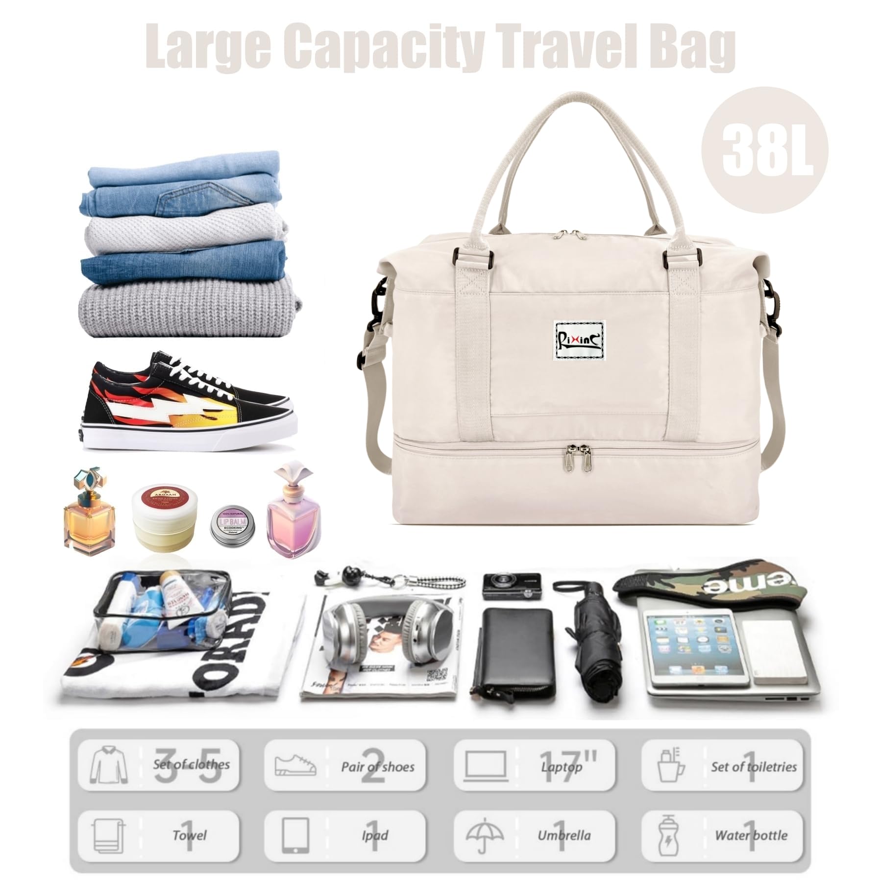 Large Weekender Bags for Women - Travel Duffel Bag with Shoes Compartment & Wet Pocket - Carry On Airplane Approved Gym Tote Overnight Bag (Beige) - Perfect for Weekend Getaways, Gym Workouts & Business Travel