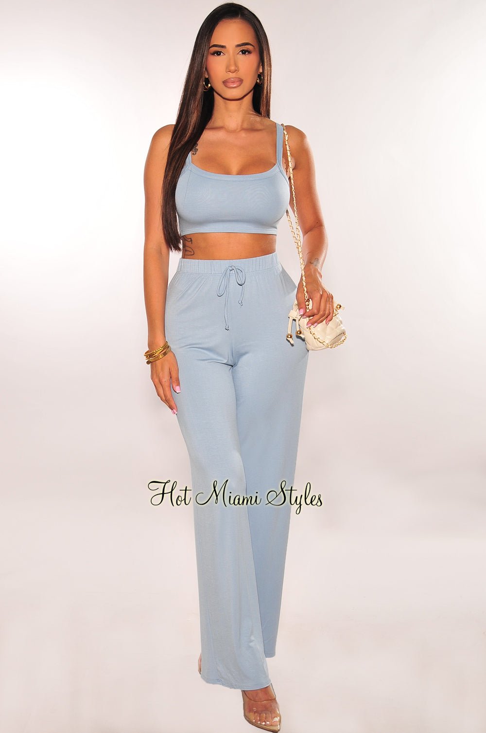 Stylish Dusty Blue Palazzo Pants & Tank Top Set - Women's Casual Summer Outfit for Beach, Vacation & Lounge Wear
