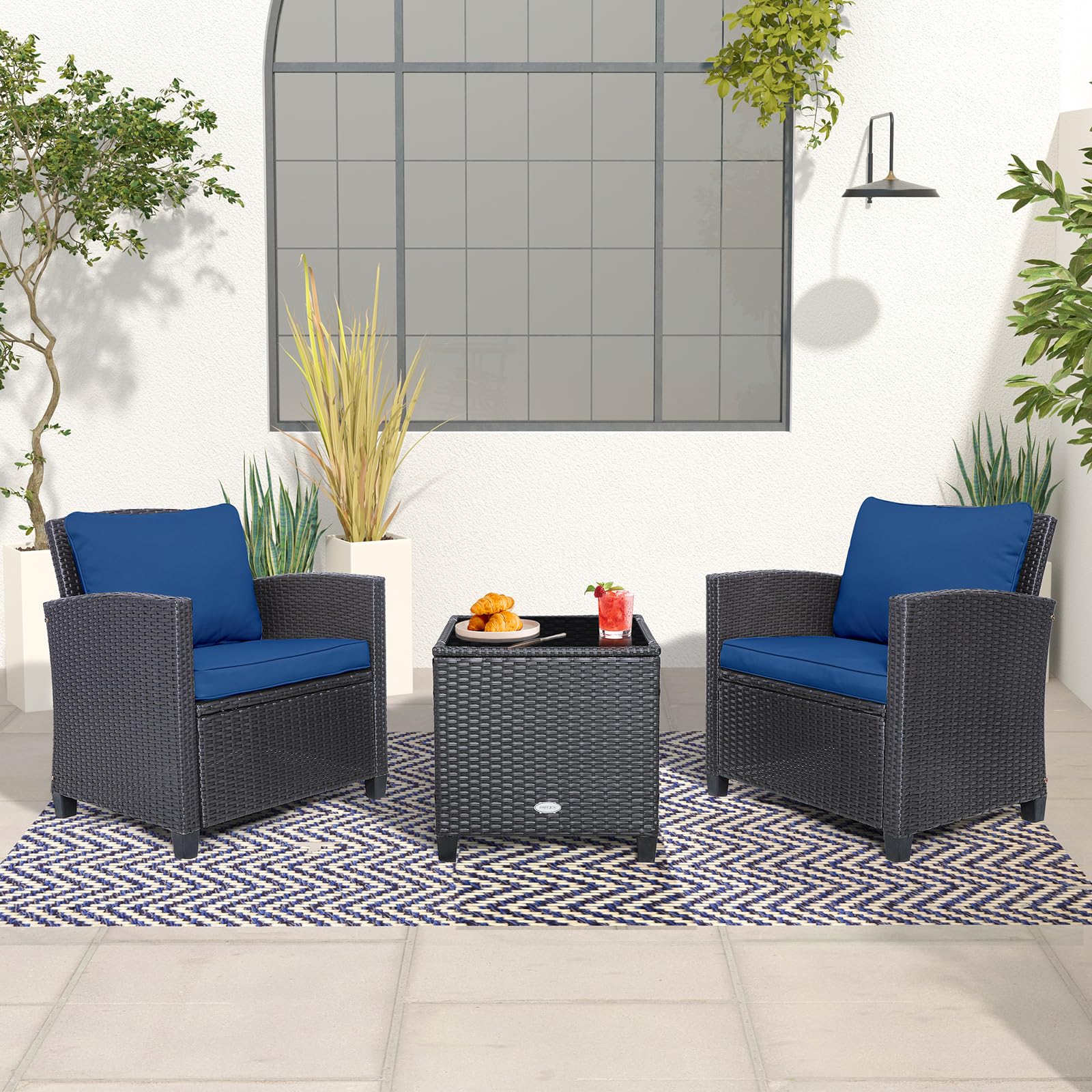 Tangkula 3-Piece PE Rattan Patio Furniture Set with Washable Cushions & Tempered Glass Table - Outdoor Wicker Sofa Set for Garden, Poolside, Balcony or Backyard (Beige/Navy) - Perfect for Relaxing, Entertaining Guests, and Enjoying Outdoor Living Spaces