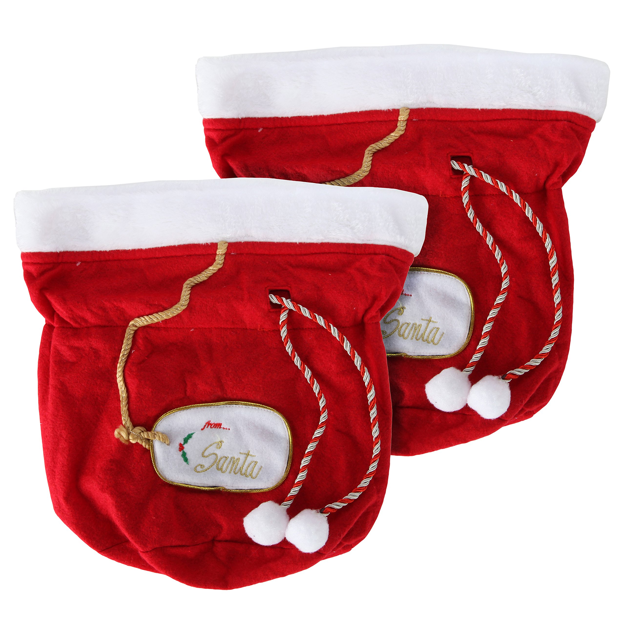 Festive Santa Christmas Gift Bags Set of 2 - Large Red Fabric Reusable Holiday Present Bags for Xmas Stocking Stuffers, Party Favors & Secret Santa Gifts