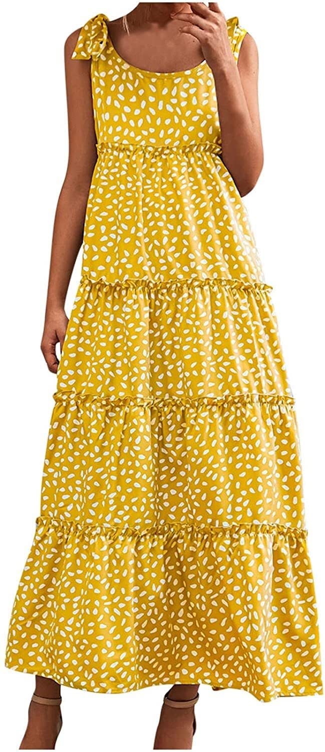 JUTING Women's Summer Casual Loose Polka Dot Dress - Round Neck Tiered Ruffle Swing Long Dress Sleeveless | Beach Cover Up, Vacation Outfit, Boho Chic Style