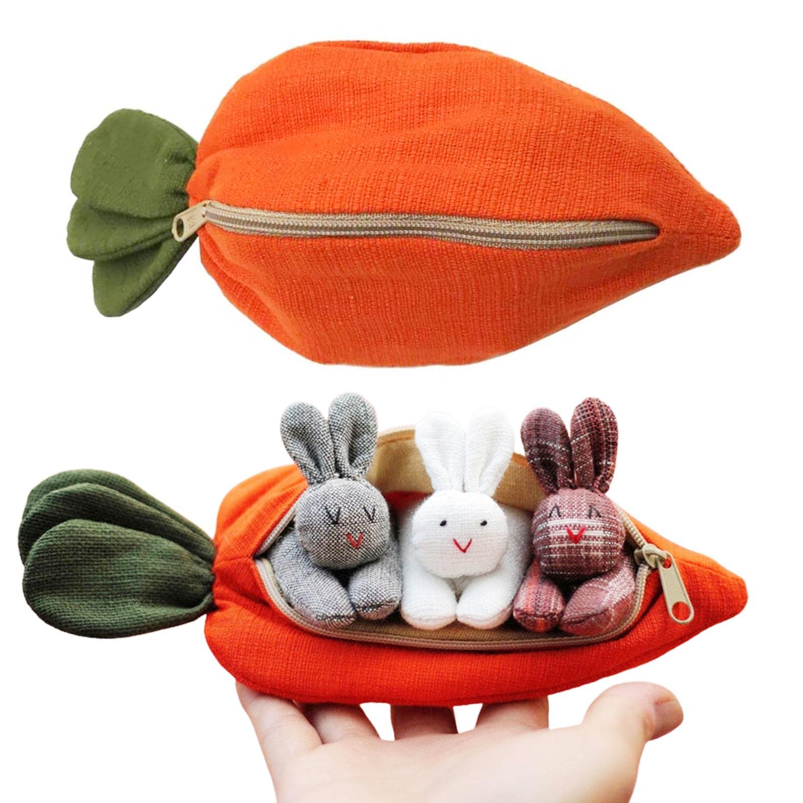 3 Bunnies in Carrot Purse - Easter Bunny Coin Purse with Zipper | Plush Animal Storage Bag for Kids, Holiday Home Decor | Perfect for Easter Gifts, Party Favors & Tabletop Decorations