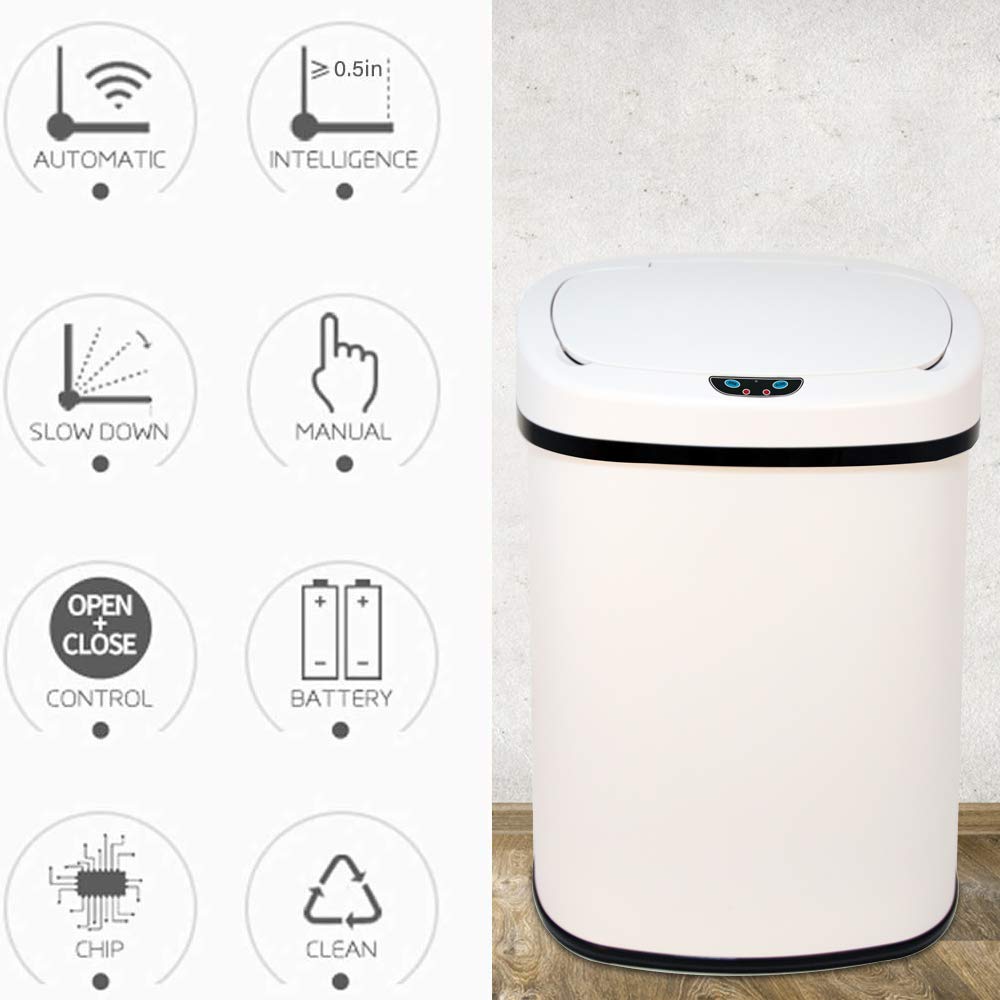 Automatic Touchless Stainless Steel Trash Can with Lid - 13 Gallon Sensor Kitchen Garbage Bin, Hands-Free Motion Sensor Waste Basket for Home, Office, Bathroom & Bedroom - Battery Powered, White - Perfect for Hygienic Waste Disposal in Kitchens, Bathrooms & Offices