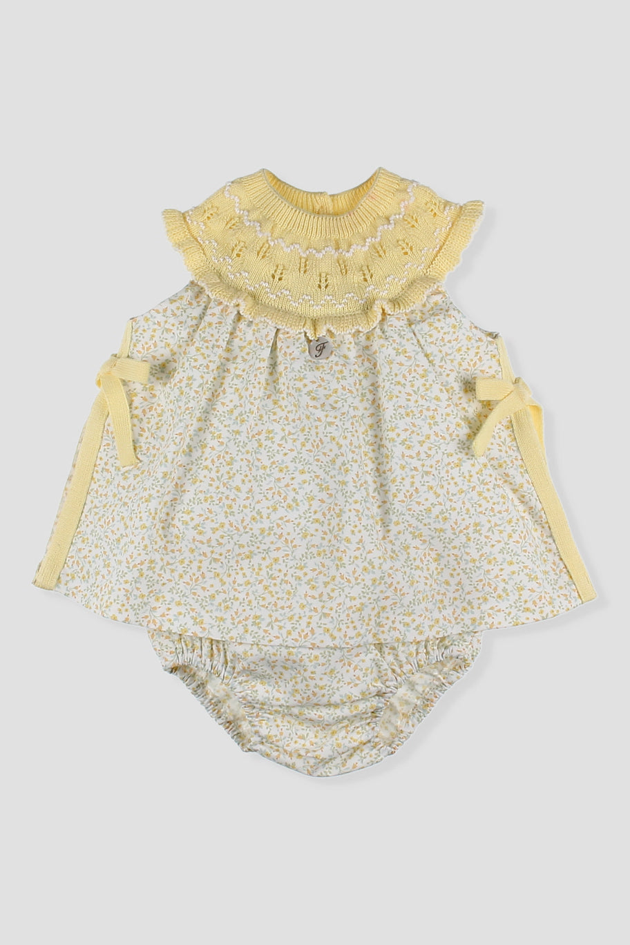 Tahlia Lemon Half Knit Floral Dress & Bloomers Set - Elegant Baby Girl Outfit for Photoshoots, Parties & Special Occasions