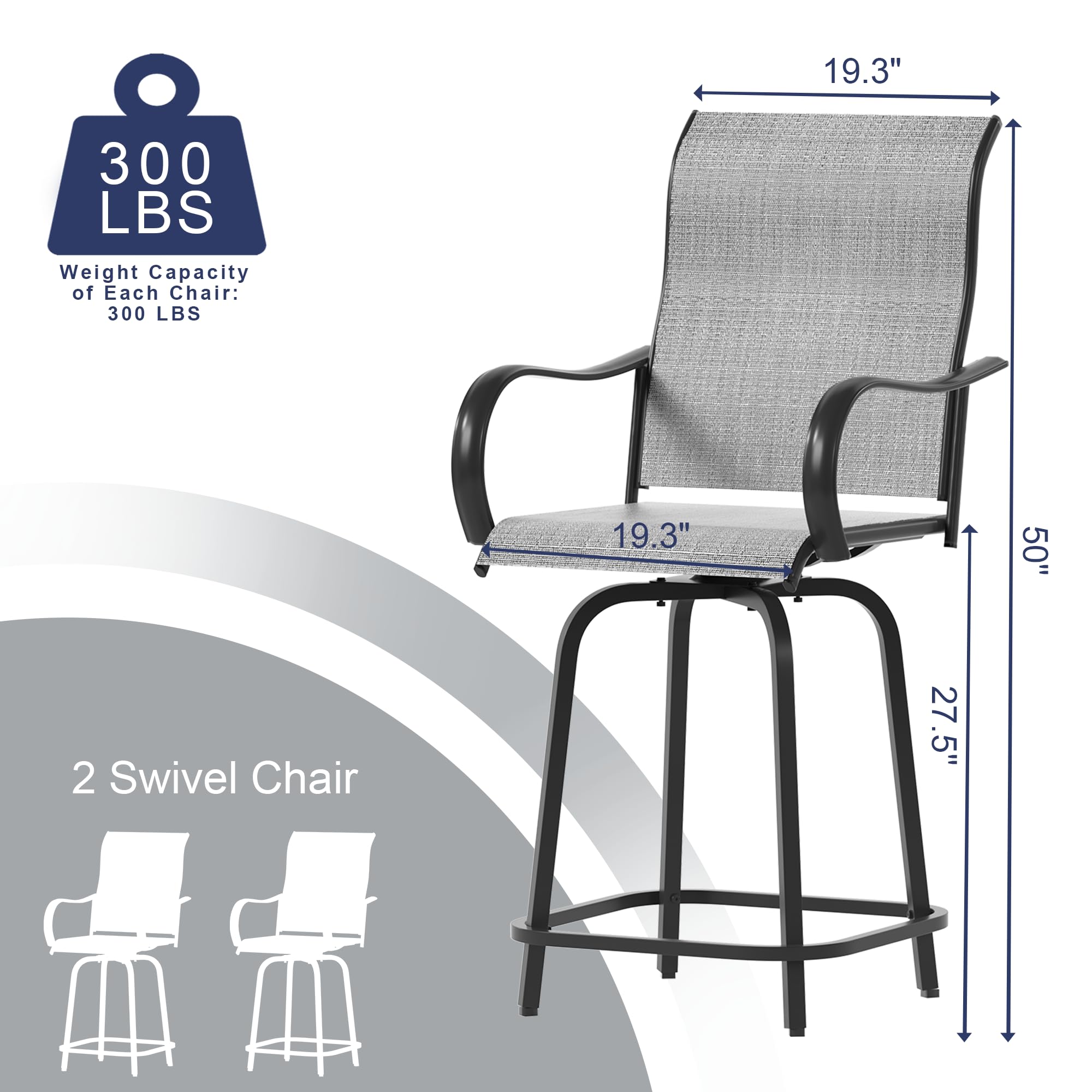 UDPATIO 2-Pack Outdoor Swivel Bar Stools with High Back & Armrest - All-Weather Rocking Bar Height Chairs for Backyard, Garden, Balcony, Pool (Grey & White) - Perfect for Entertaining, Relaxing & Outdoor Dining