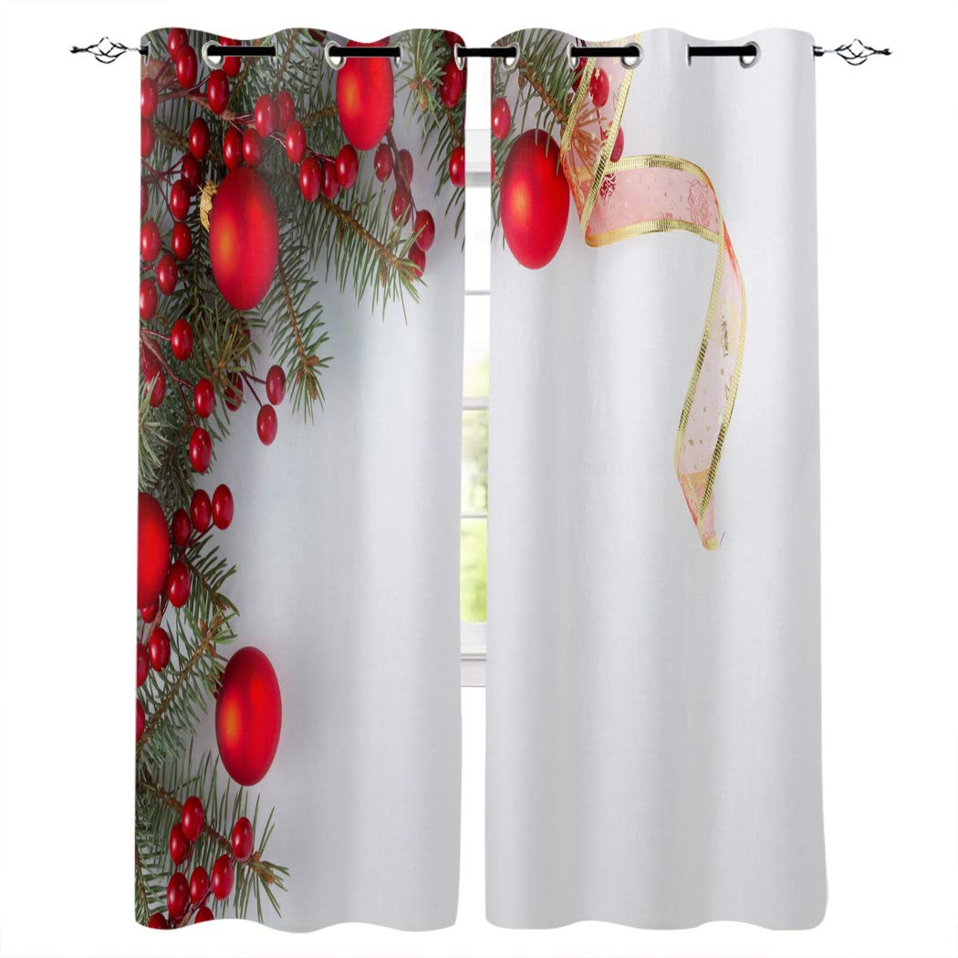 Winter Christmas Fir Twigs & Vibrant Balls Print Window Curtains - 52x96 Inch Set of 2 Panels for Kitchen, Bedroom & Living Room Decor | Seasonal Holiday Home Decoration & Window Treatment