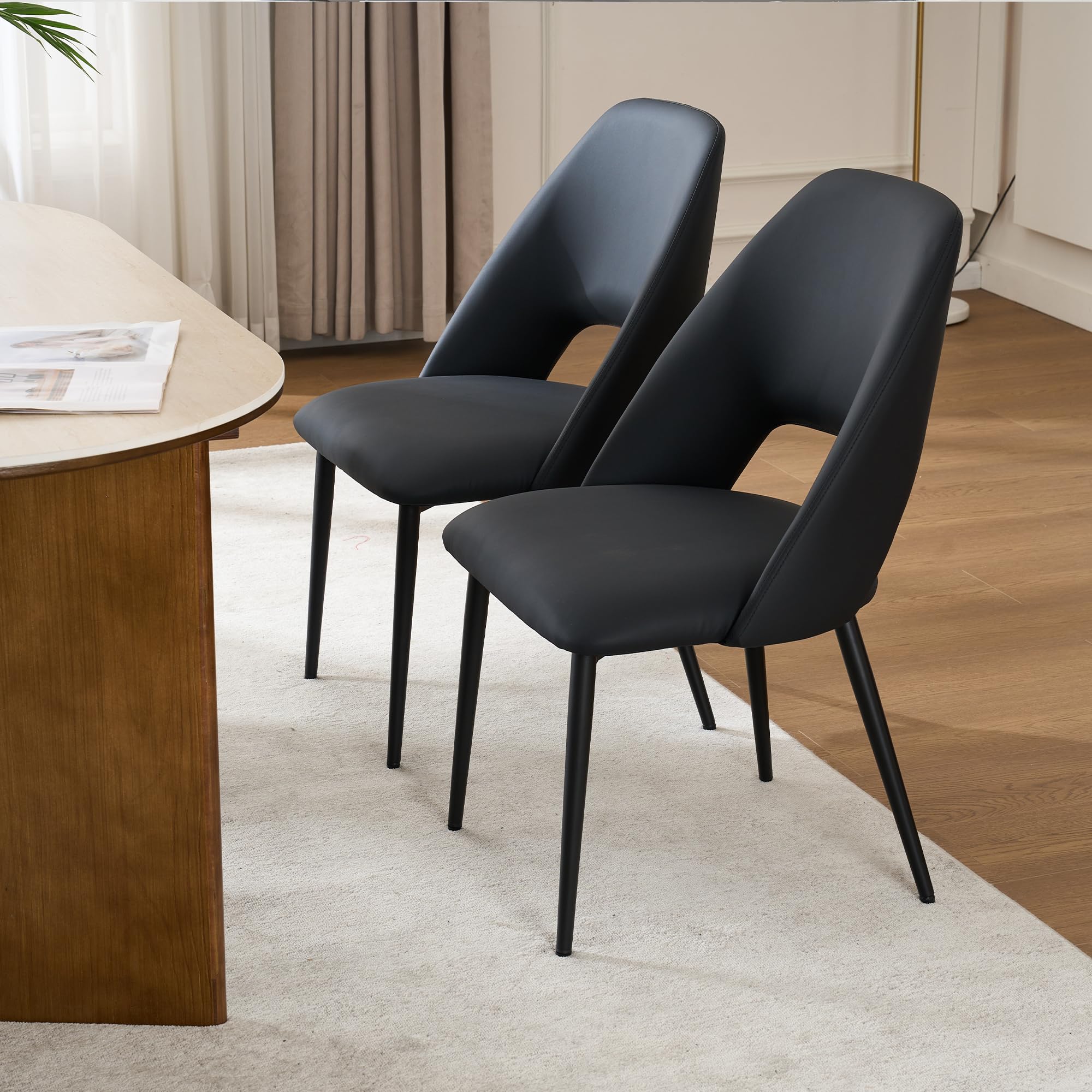 Rowill Mid Century Modern Dining Chairs Set of 2 - Black Faux Leather Upholstered Kitchen Chairs with Metal Legs for Dining Room, Living Room & Bedroom - Perfect for Small Spaces & Modern Home Decor