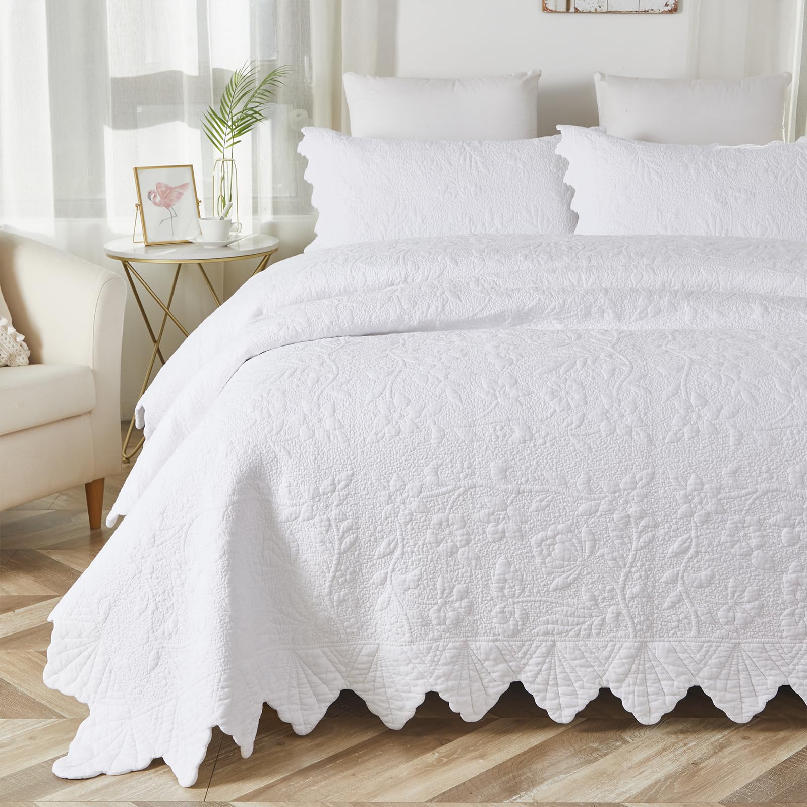 Brandream White King Size Quilt Set - 100% Cotton Luxury Matelasse Coverlet Bedding Set with Scalloped Edge, Farmhouse Style 3-Piece Queen/King Bedspread - Perfect for Master Bedroom, Guest Room & Cozy Farmhouse Decor