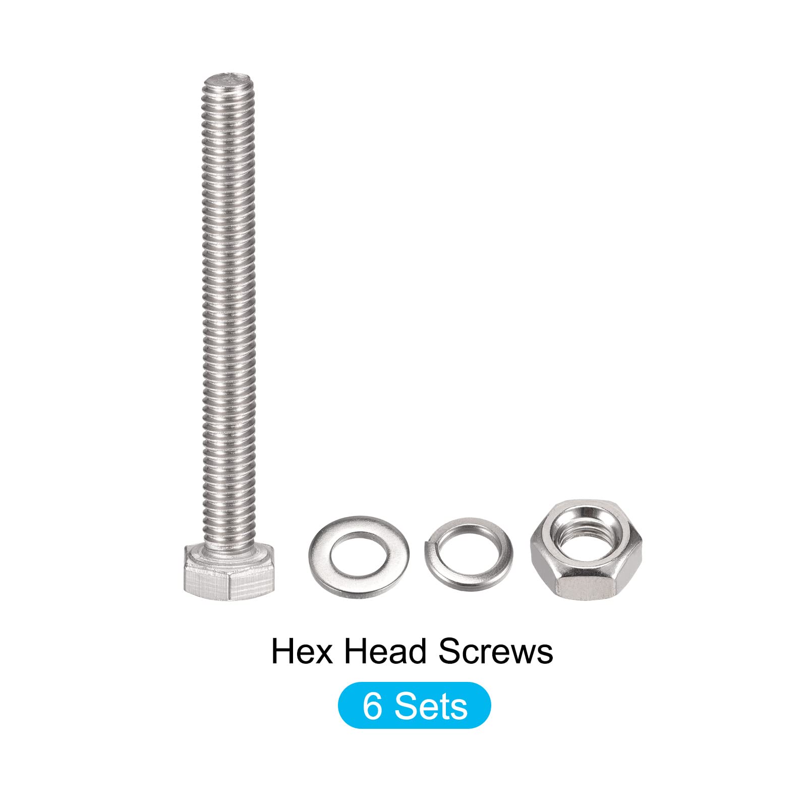 METALLIXITY 304 Stainless Steel Hex Head Screws, Bolts, Nuts, Flat & Lock Washers Kit (M6x60mm, 6 Sets) - Durable Fasteners for Home Appliance Repair, Furniture Assembly, and DIY Projects