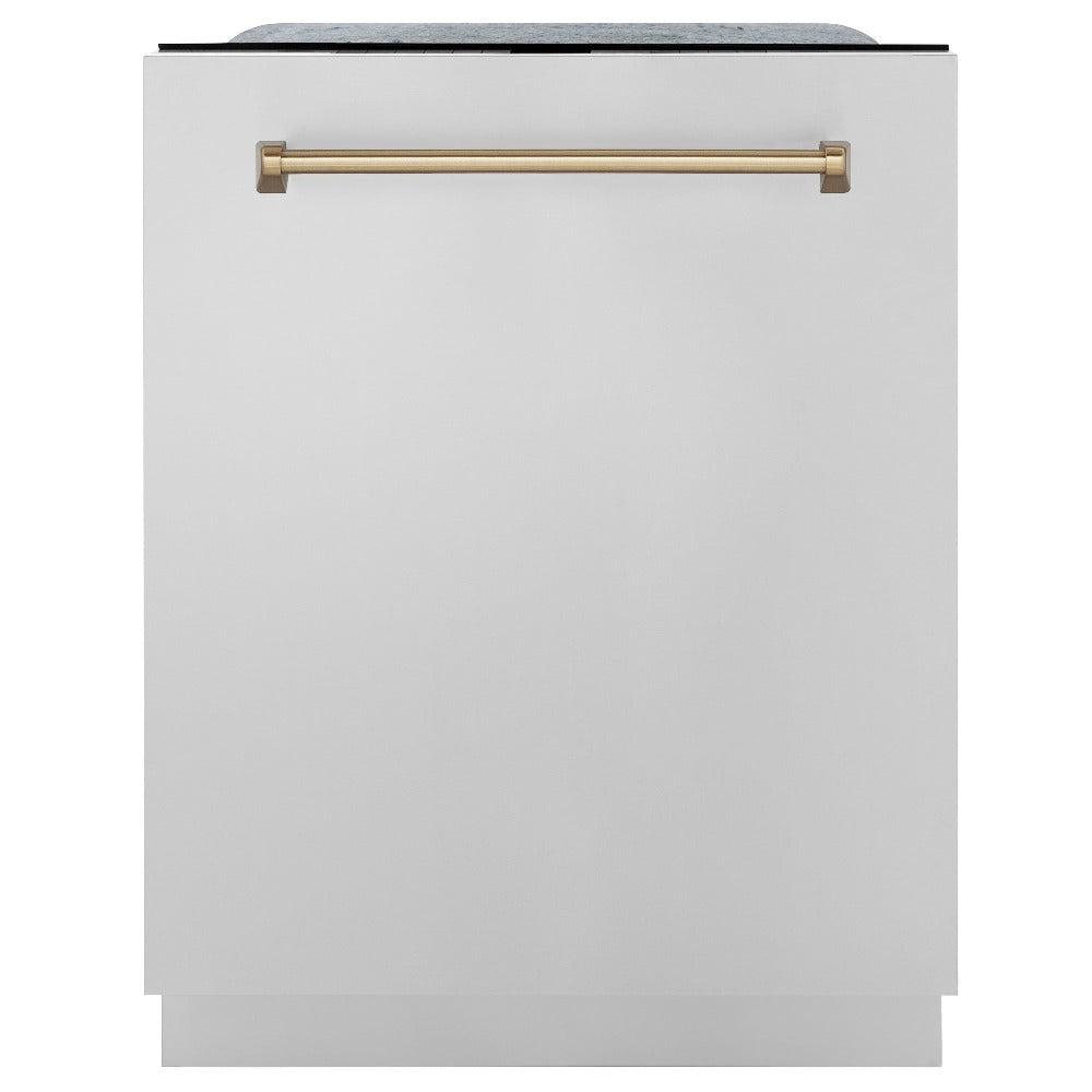 ZLINE Autograph Edition 24-inch Stainless Steel Dishwasher with Champagne Bronze Handle - 3rd Rack, Top Touch Controls, 45dBA Ultra Quiet - Perfect for Modern Kitchens & Open Concept Homes (Model DWMTZ 304 24 CB)