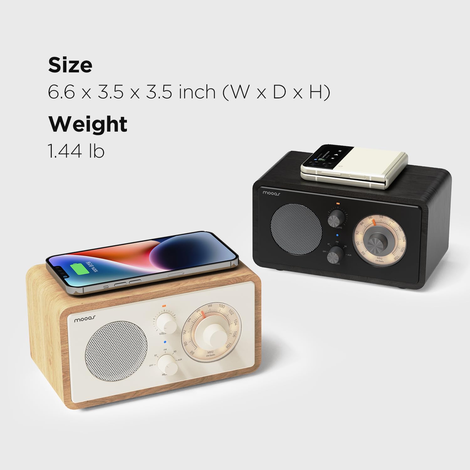 Mooas Retro Bluetooth Speaker with Wireless Charging - 10W Fast Charger, FM Radio, SD/Aux Input, Analog Volume Knob - Compatible with iPhone, Galaxy, Airpods, Galaxy Buds - Perfect for Home, Office & Outdoor Use