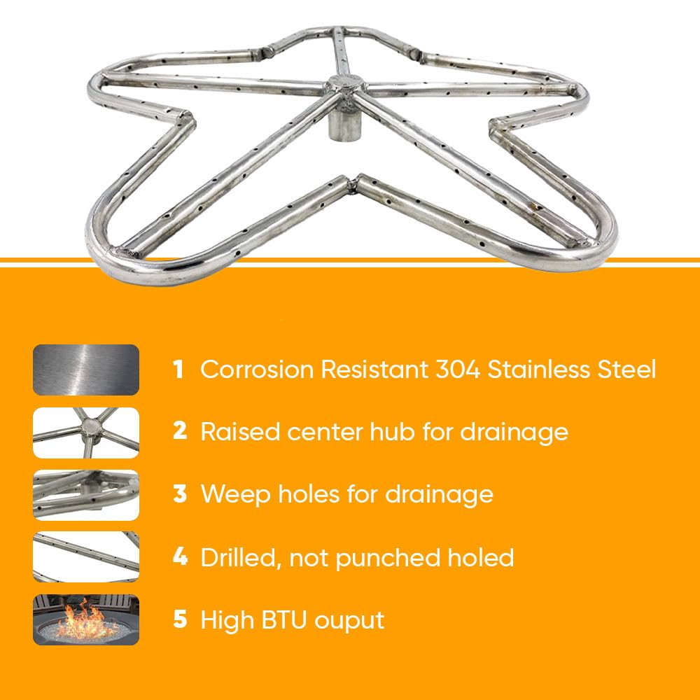 HPC Penta Match Lit Fire Pit Burner Kit - 12-Inch Stainless Steel Burner & 18-Inch Round Flat Pan - Propane Gas Fire Pit Accessories with Chrome Finish, Flange, Key, Valve & Flex Line - Perfect for Backyard, Patio, and Outdoor Gatherings