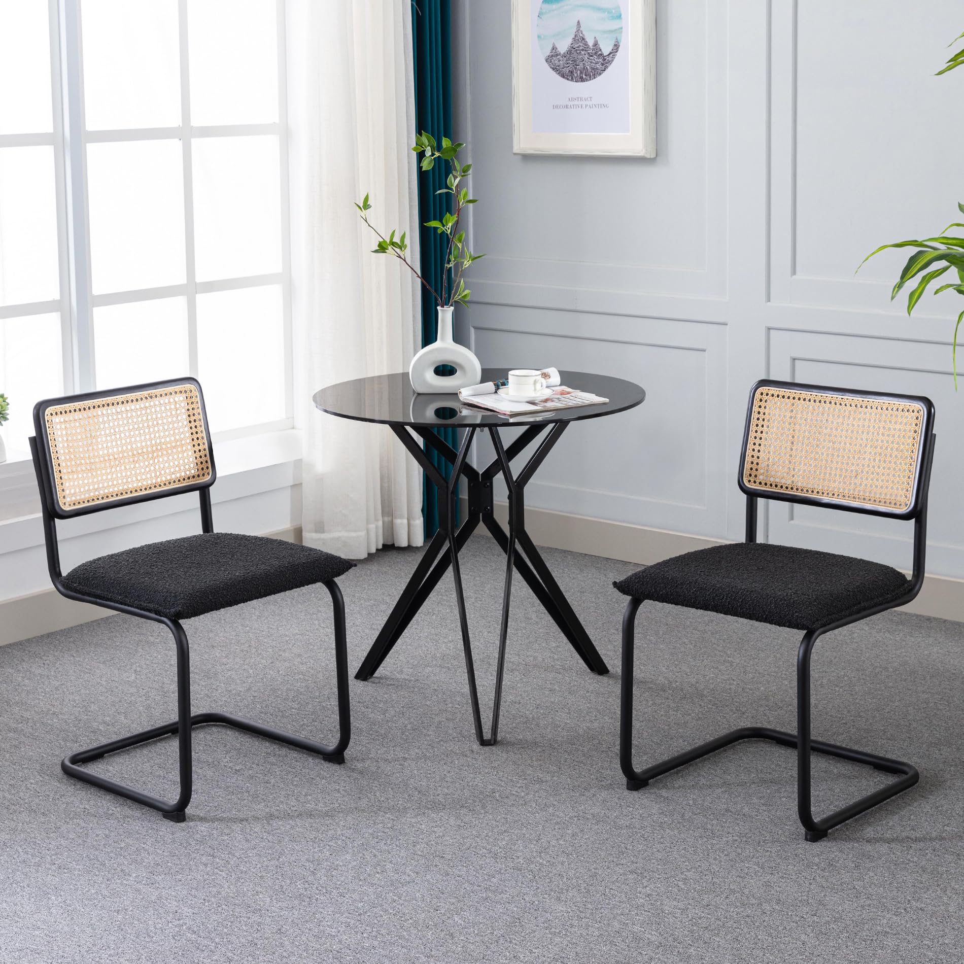 ONEVOG 4-Piece Boucle Dining Chair Set - Modern Upholstered Cane Chairs with Natural Rattan Back & Sturdy Metal Frame - Comfortable Accent Seating for Dining Room, Kitchen or Living Room - Perfect for Family Gatherings & Dinner Parties (Black)