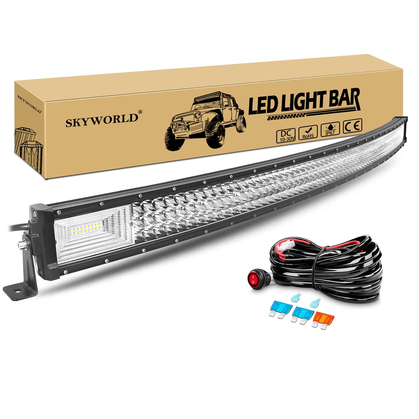 SKYWORLD 52 Inch 675W Slim Curved LED Light Bar - Spot Flood Combo Beam Off-Road Driving Lights with 12V Wiring Harness - Waterproof Fog Lamps for Cars, Trucks, ATV, UTV, Boats & Tractors - Perfect for Night Driving, Off-Road Adventures & Work Lighting