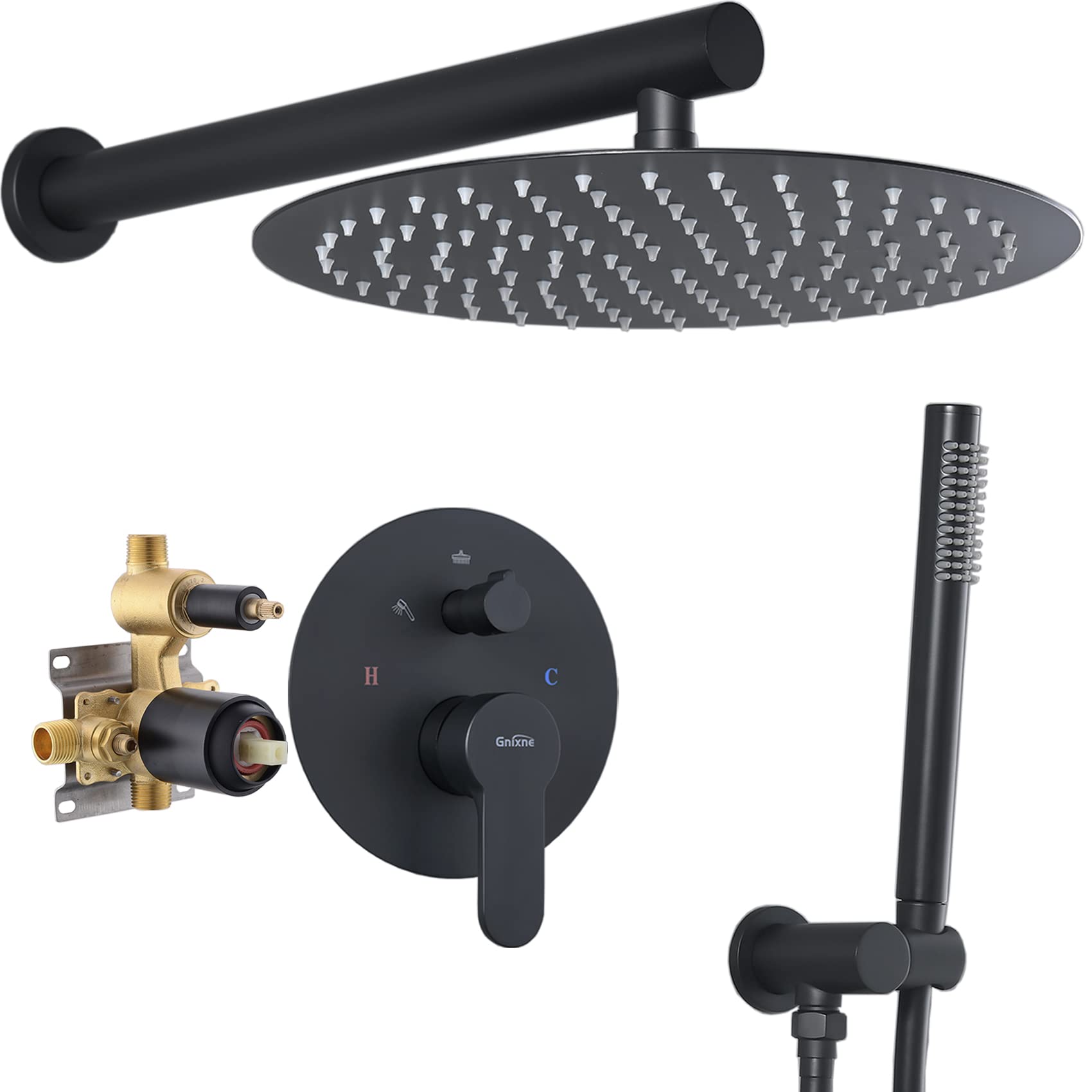 Gnixne 12 Inch Matte Black Shower System - Wall Mounted Rain Shower Head with Handheld Spray, Shower Faucet Set & Trim Kit for Bathroom | Perfect for Luxurious Spa-Like Experience and Modern Home Renovation