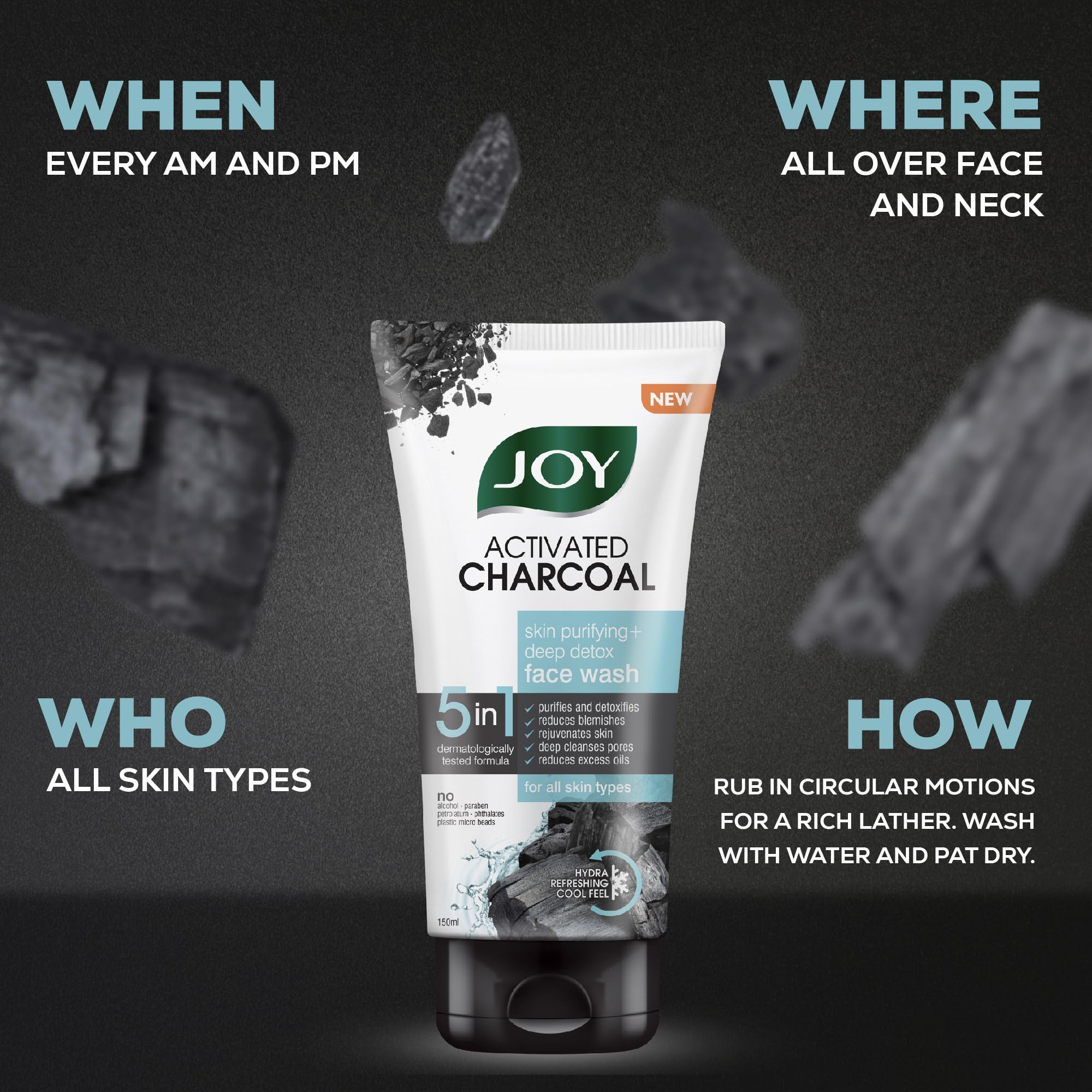 Joy Activated Charcoal Face Wash for Oily Skin - 100ml x 2 Pack | Oil Control & Deep Cleansing | Removes Blackheads, Fights Acne & Pollution | Clear & Smooth Skin Care | Perfect for Daily Skincare Routine & Travel