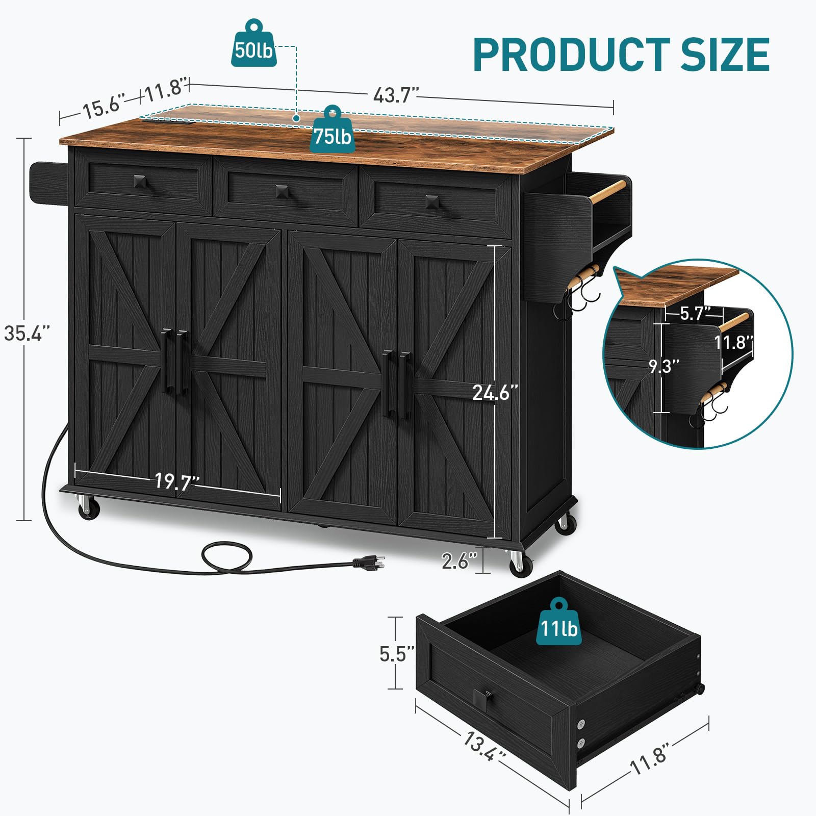 **Black & Rustic Brown Kitchen Island Cart with Drop Leaf, 3 Drawers, Towel Rack, Spice Rack & USB Charging Station – Mobile Storage Table for Small Spaces, Breakfast Bar & Kitchen Organization**    *(Use Cases: Perfect for small kitchens, meal prep, extra counter space, breakfast nook, or as a portable serving cart for entertaining.)*