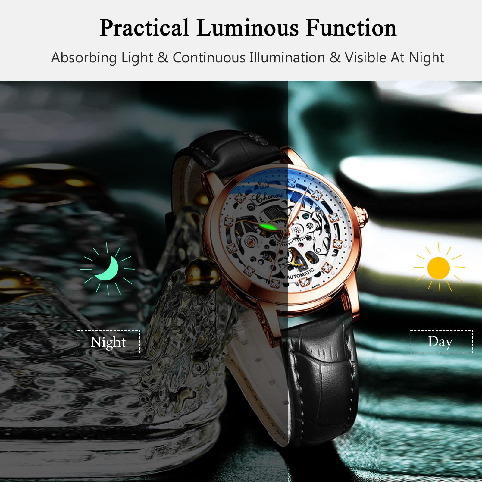 RORIOS Women's Automatic Self-Winding Mechanical Watch with Genuine Leather Strap, Tourbillon Design & Luminous Hands - Elegant Ladies Wristwatch for Business, Party & Everyday Wear
