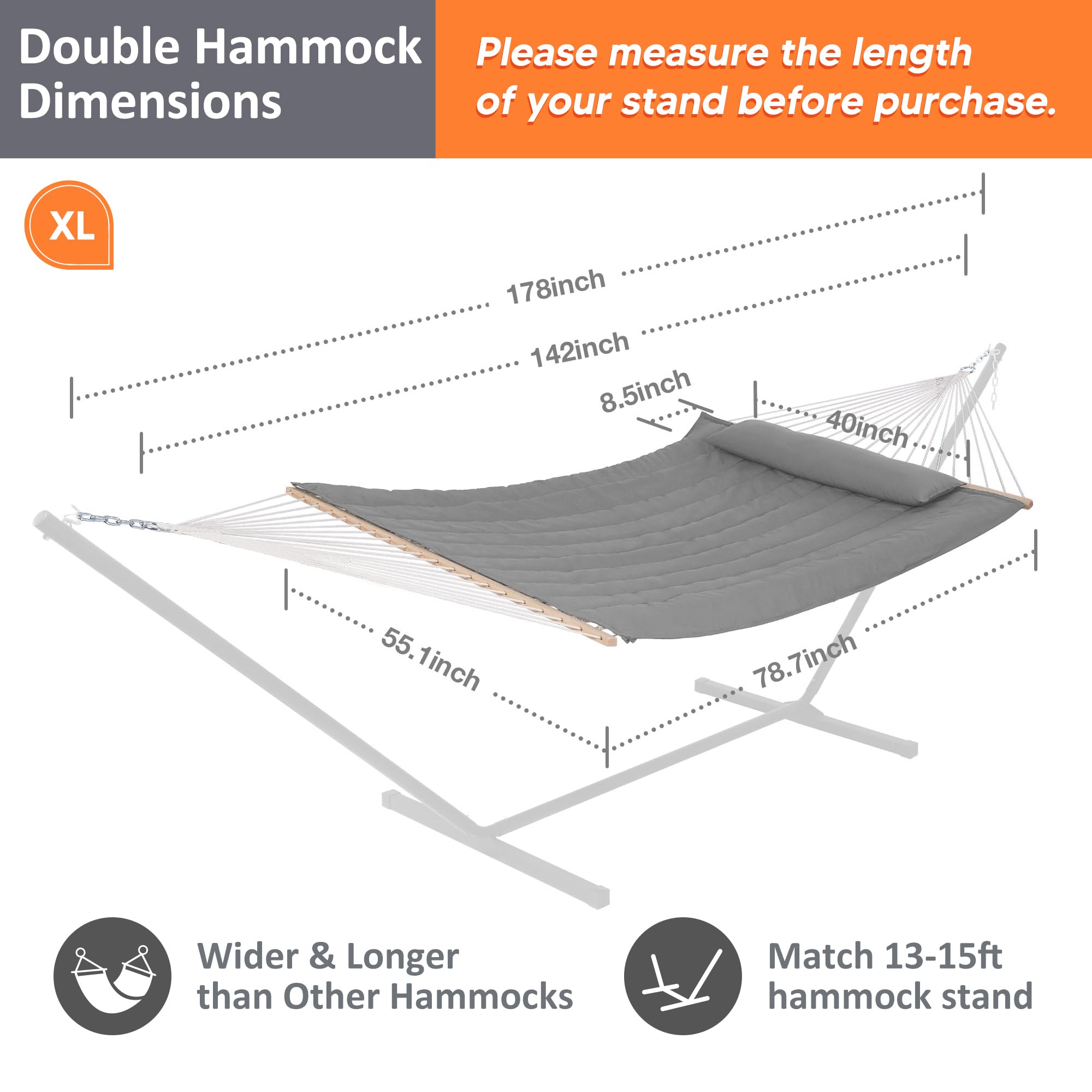 **SUNCREAT 15 FT Outdoor Hammock for Two - Light Gray Patio, Garden & Porch Swing Bed - Perfect for Relaxing, Camping & Backyard Lounging**