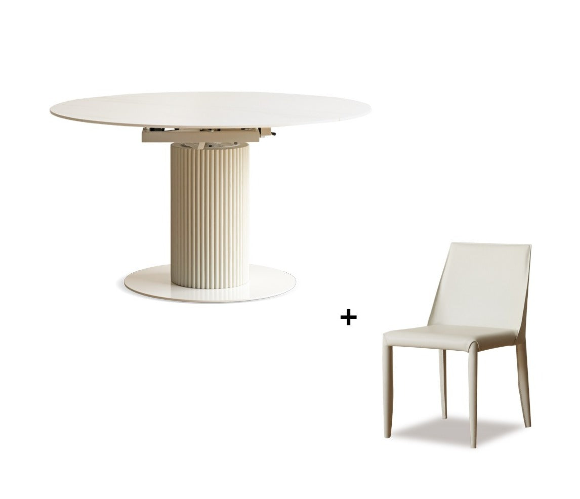 Solid Oak Wood Round Extendable Dining Table with Rock Plate Design - Cream Finish for Modern Dining Room & Kitchen Decor