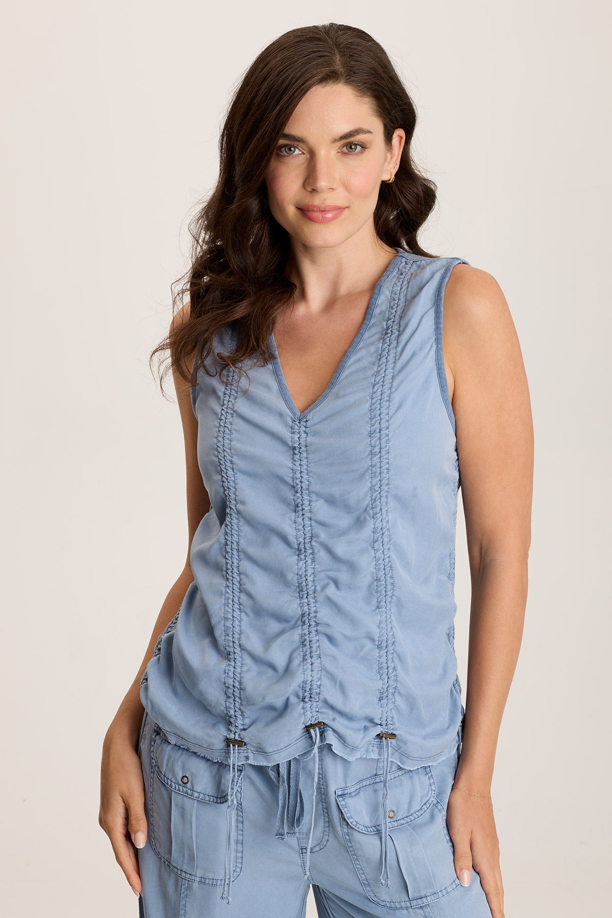 Mitzi Twill Cinched Cord Tank Top - Women's Casual Stretch Fit Summer Blouse for Layering & Everyday Wear