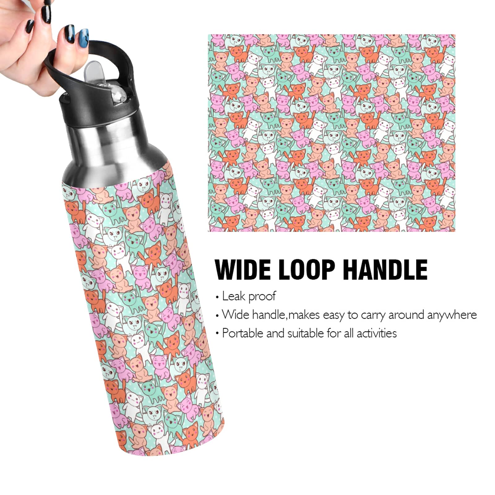 Kawaii Cartoon Cat Pattern Green Stainless Steel 600ml Water Bottle - Leak Proof, BPA Free, Insulated Thermos for Gym, School, Office, Hiking & Outdoor Activities - Cute Drinkware for Kids & Adults
