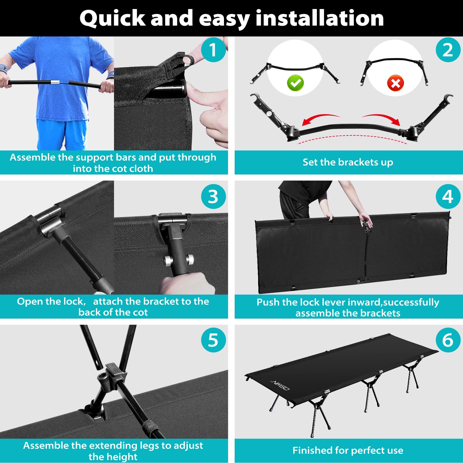 OSWIN Adult Backcountry Camping Cot with Leg Extension - Ultralight Folding Portable Bed for Outdoor, Hiking, RV & Beach - Supports 330lbs - Perfect for Camping, Backpacking & Travel (Black)