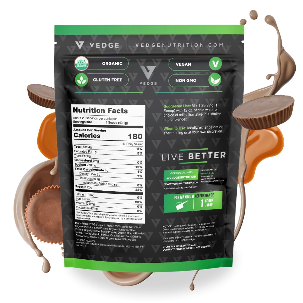 Vedge Certified Organic Plant Protein Powder - Chocolate Peanut Butter Cup (20 Servings) | Vegan, USDA Organic, Gluten Free, Dairy-Free Protein Supplement for Smoothies, Baking & Post-Workout Recovery