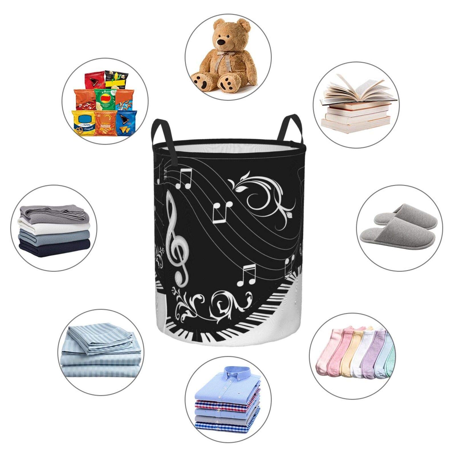 Black Music Notes Collapsible Laundry Basket with Handle - Waterproof Fabric Hamper Organizer for Dirty Clothes, Toys & Bathroom Storage - Perfect for Bedroom, Dorm, Laundry Room & Nursery Organization