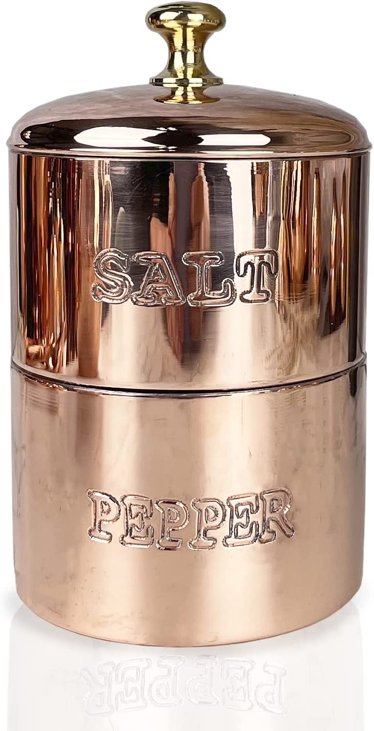 Vintage Inspired Copper & Brass Salt and Pepper Cellar with Tin Lining - Authentic Coppermill Kitchen Spice Shaker - Perfect for Dining Table, Kitchen Counter, and Gift Giving
