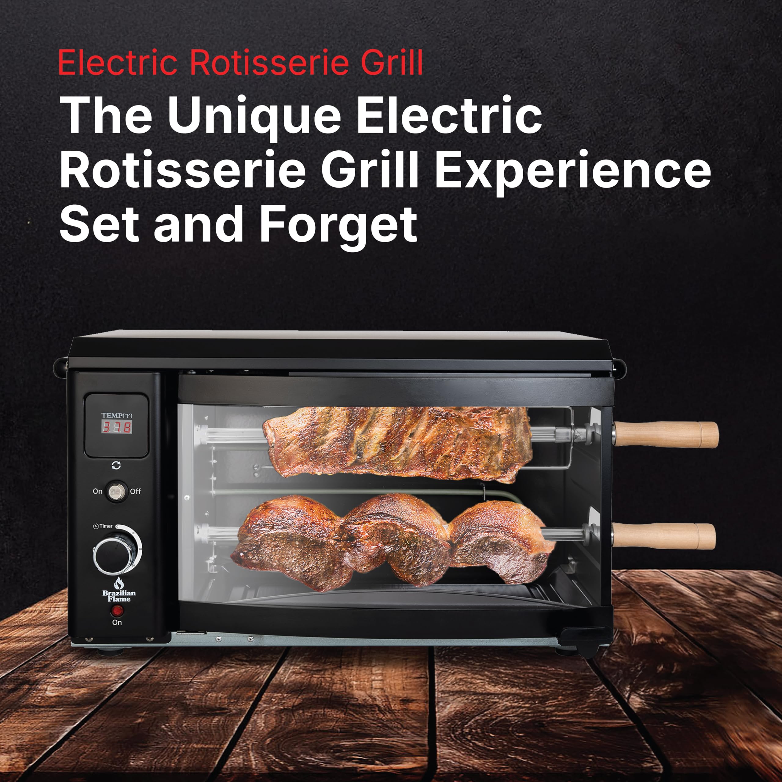 Brazilian Flame Electric Rotisserie Grill - Smoke-Free Indoor BBQ Grill with 2 Auto Rotating Skewers for Chicken, Steak, Fish - Perfect for Apartment Cooking, Brazilian Style BBQ Parties & Family Gatherings