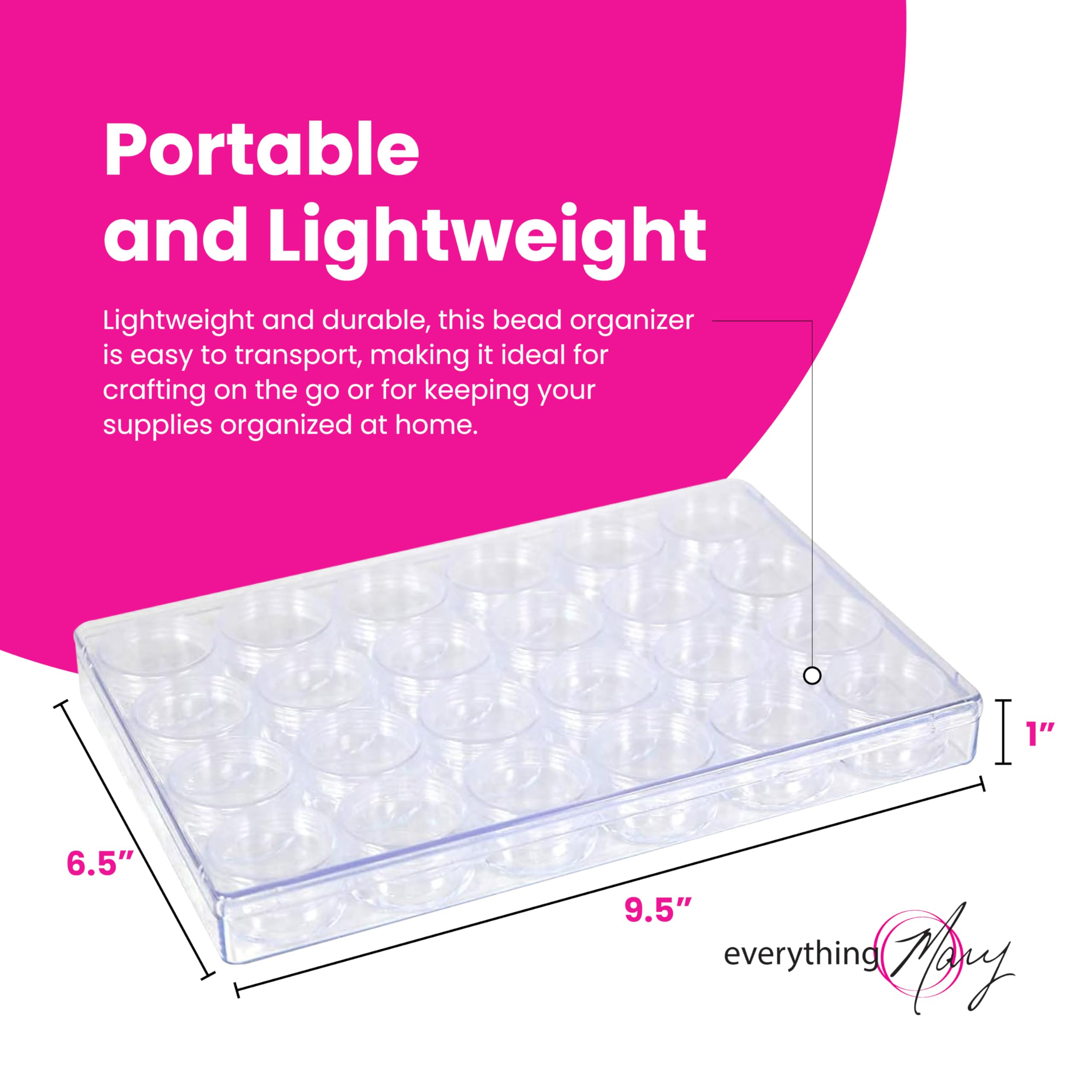 Everything Mary Large Plastic Bead Storage Organizer Box with 24 Jars - Craft Bead Organizer for Jewelry Making, Painting & Art Supplies - Clear Plastic Storage Container for Beads, Buttons & Small Crafts - Perfect for DIY Projects & Craft Room Organization