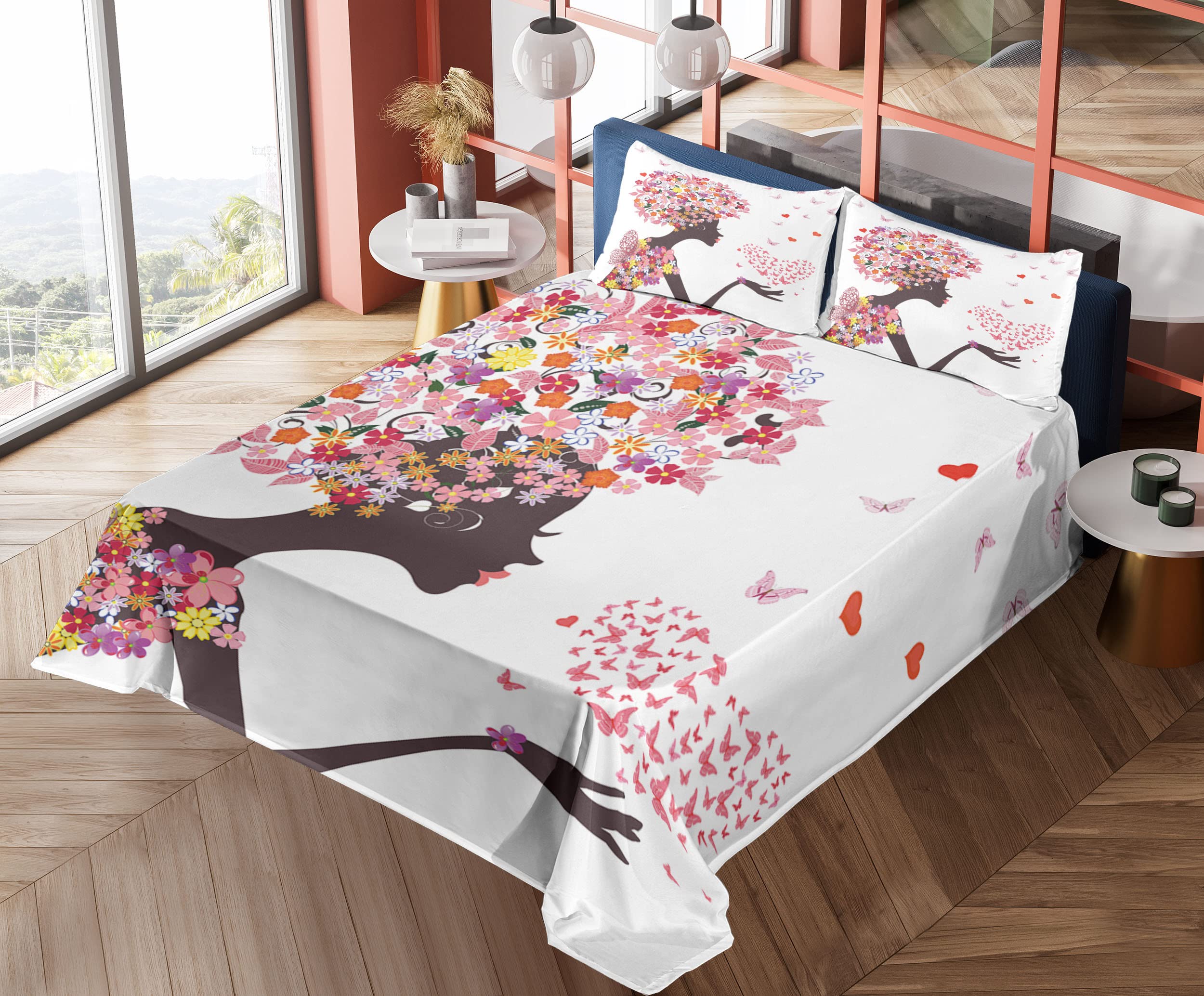 Ambesonne 4-Piece King Size Butterfly Print Sheet Set - Floral Fantasy Animal Design with Fitted Sheet, Flat Sheet & Pillowcases - Soft Bedding for Girls Room, Summer Decor & Boho Chic Bedroom Aesthetic