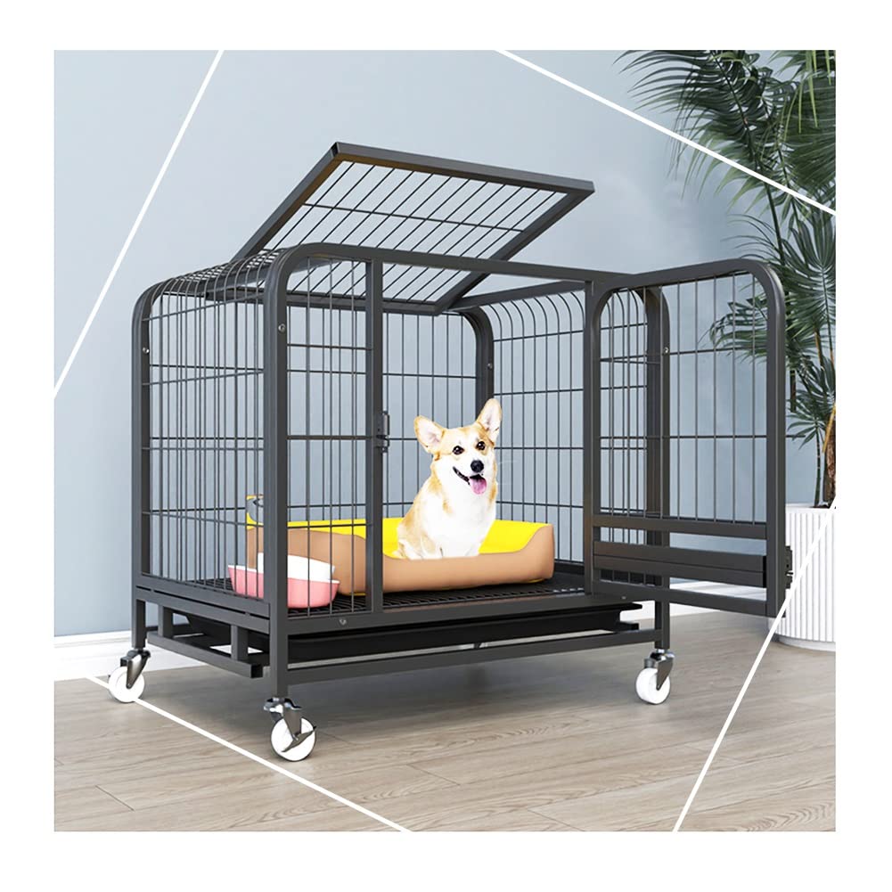 Heavy Duty Dog Crate - Extra Large Metal Dog Cage with Double Doors & Lockable Wheels for Large Breeds | 3 Sizes (95x65x85cm) Black | Indoor/Outdoor Pet Kennel for Home, Travel & Training