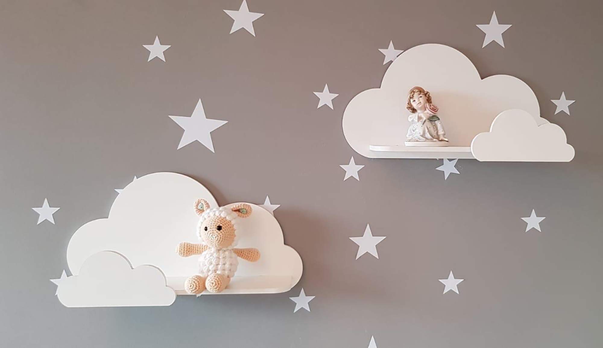 Happy Woody Set of 2 Cloud Wall Shelves - Natural Wood Floating Shelves for Nursery, Baby Room Decor, Kids Room Wall Decor - Perfect for Organizing Toys, Books, and Displaying Decorations (Soft Grey)