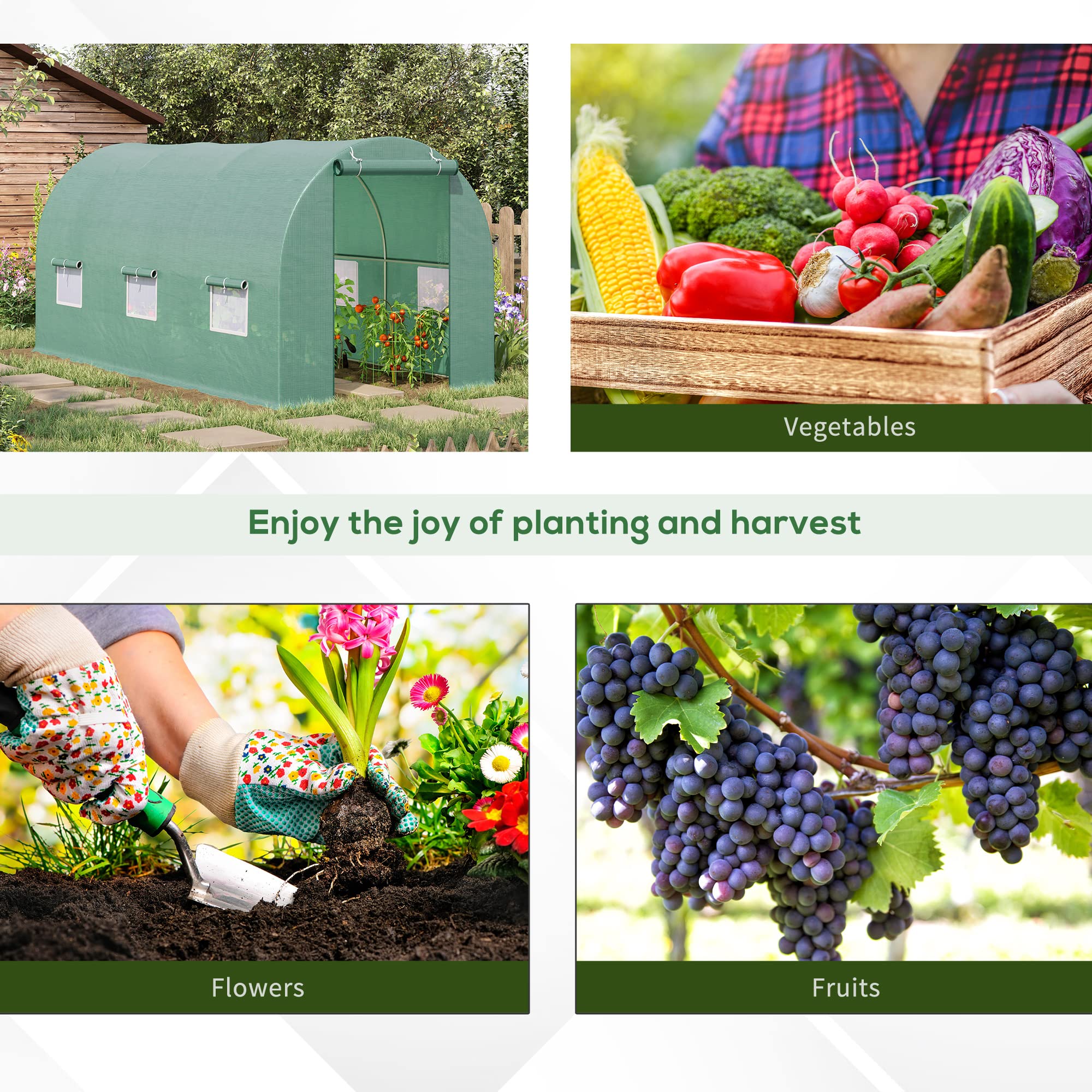 Outsunny 15' x 6' x 7' Walk-in Tunnel Greenhouse with Roll-Up Door & Windows, PE Cover Plant Growing House - Ideal for Backyard Gardening, Patio Plant Protection & Year-Round Vegetable Cultivation