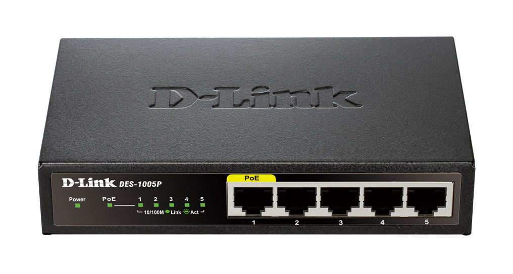 D-Link DES-1005P 5-Port 10/100Mbps Unmanaged Metal Desktop Switch with 1 PoE Port - Ideal for Home Office, Small Business & Network Expansion