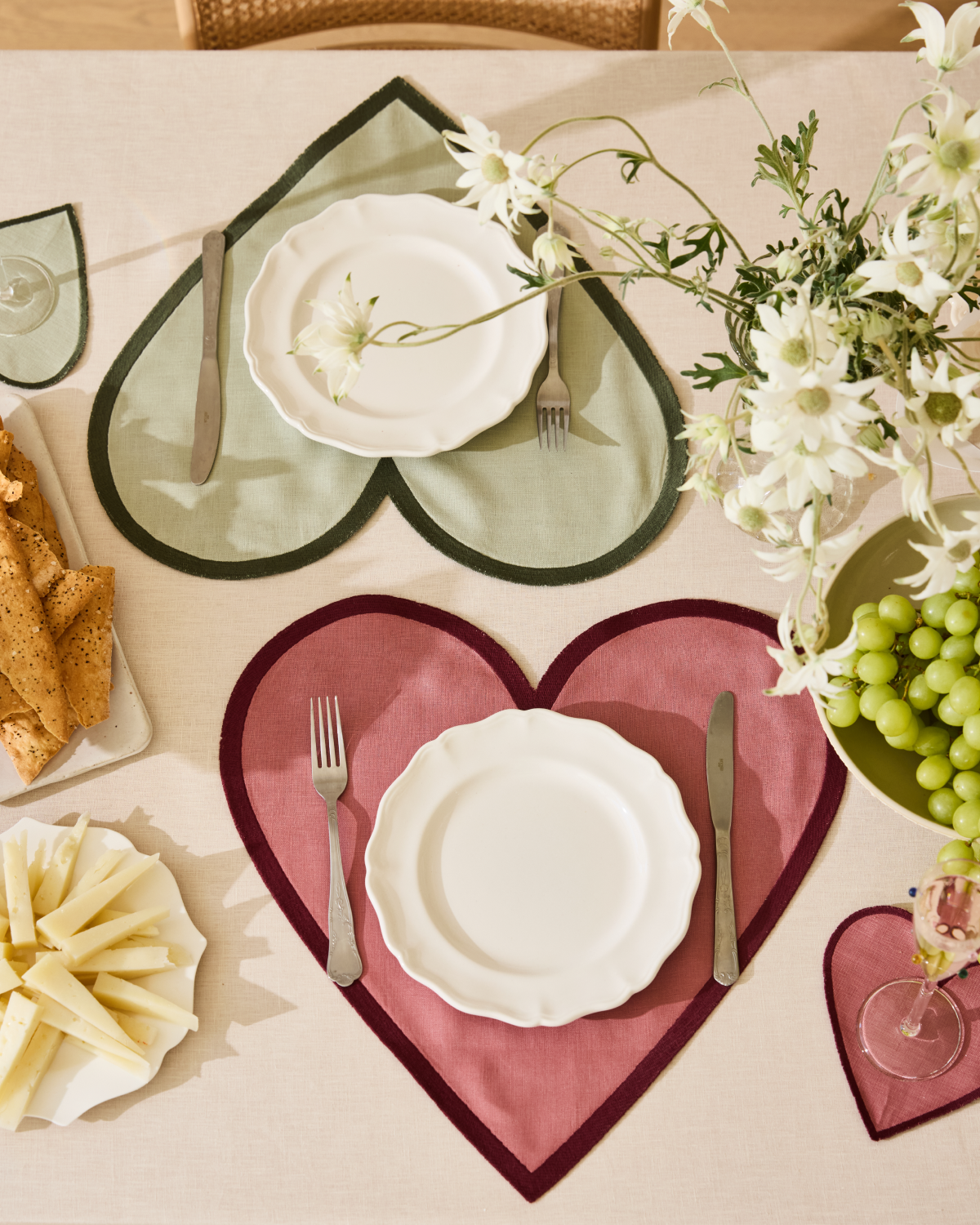 Premium Sage & Olive 100% French Flax Linen Heart Placemats (Set of 2) - Elegant Table Setting for Valentine's Day, Anniversary & Romantic Dinners