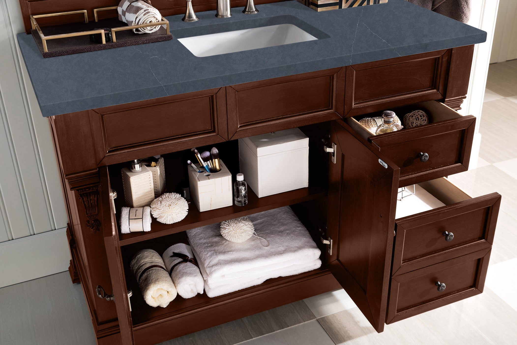 Brookfield 48 Inch Single Bathroom Vanity with Warm Cherry Finish & 3CM Charcoal Soapstone Quartz Countertop - Perfect for Modern Master Bath or Guest Bathroom Renovation