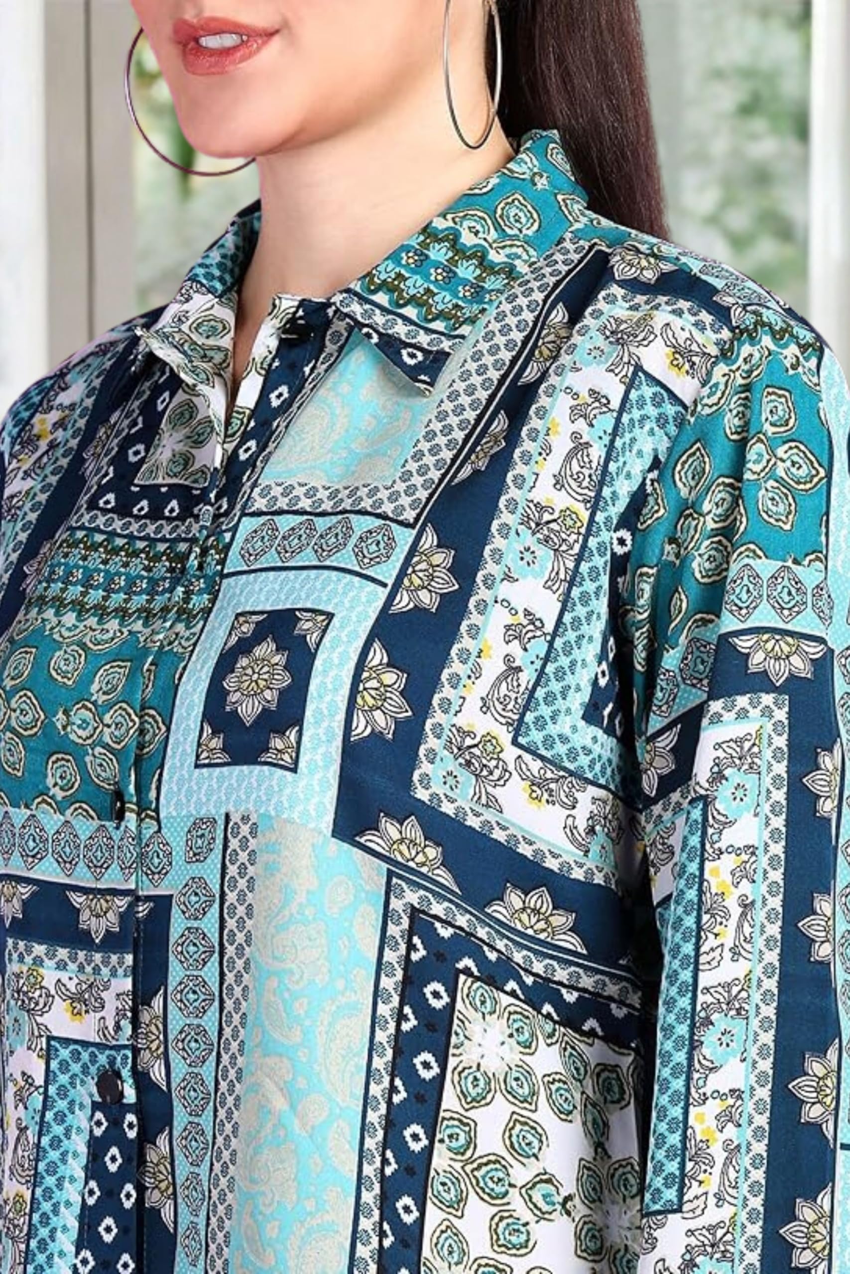 POPWINGS Women's Casual Sky Blue Floral Print Button Down Shirt - Long Sleeve Collared Blouse for Work, Office & Everyday Wear | Trendy Regular Fit Tops for Spring Summer Outfits