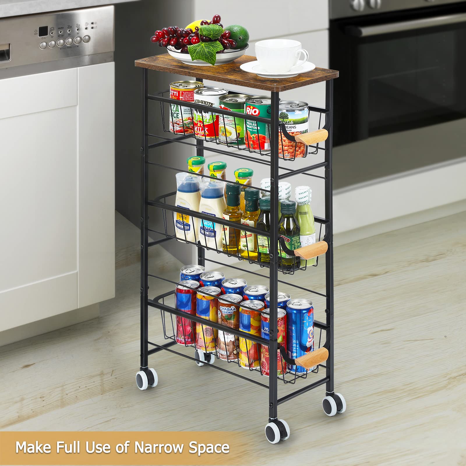4-Tier Slim Rolling Storage Cart with Slide-Out Wire Baskets & Wooden Top - Narrow Kitchen Utility Cart with Wheels for Bathroom, Laundry, Kitchen - Perfect for Small Spaces, Apartments & Dorm Rooms
