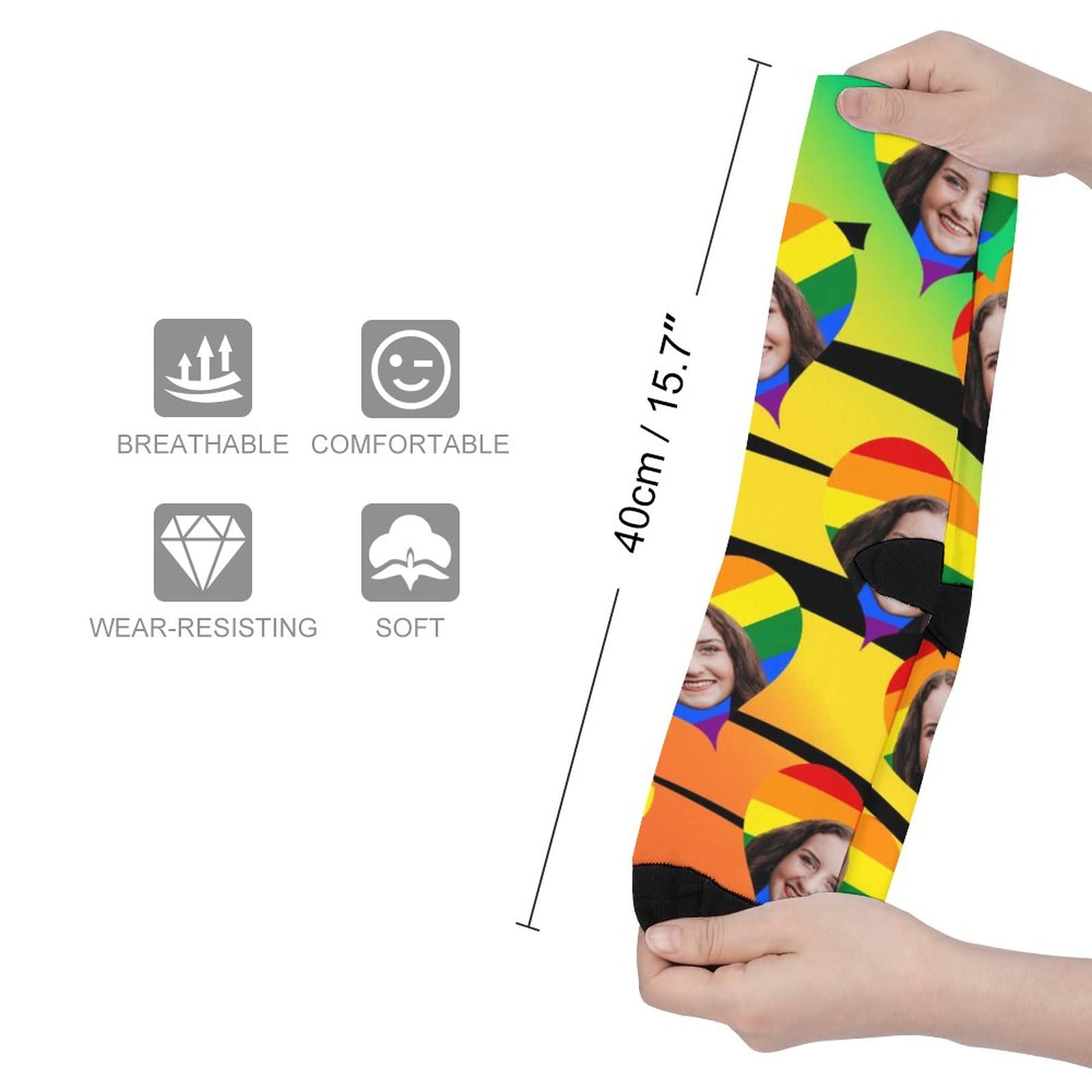 Custom Rainbow Heart Face Crew Socks - 6 Pairs Black Toe Athletic Socks for Men & Women - Moisture-Wicking, Breathable All-Season Performance Socks - Perfect for Running, Gym, Sports & Casual Wear