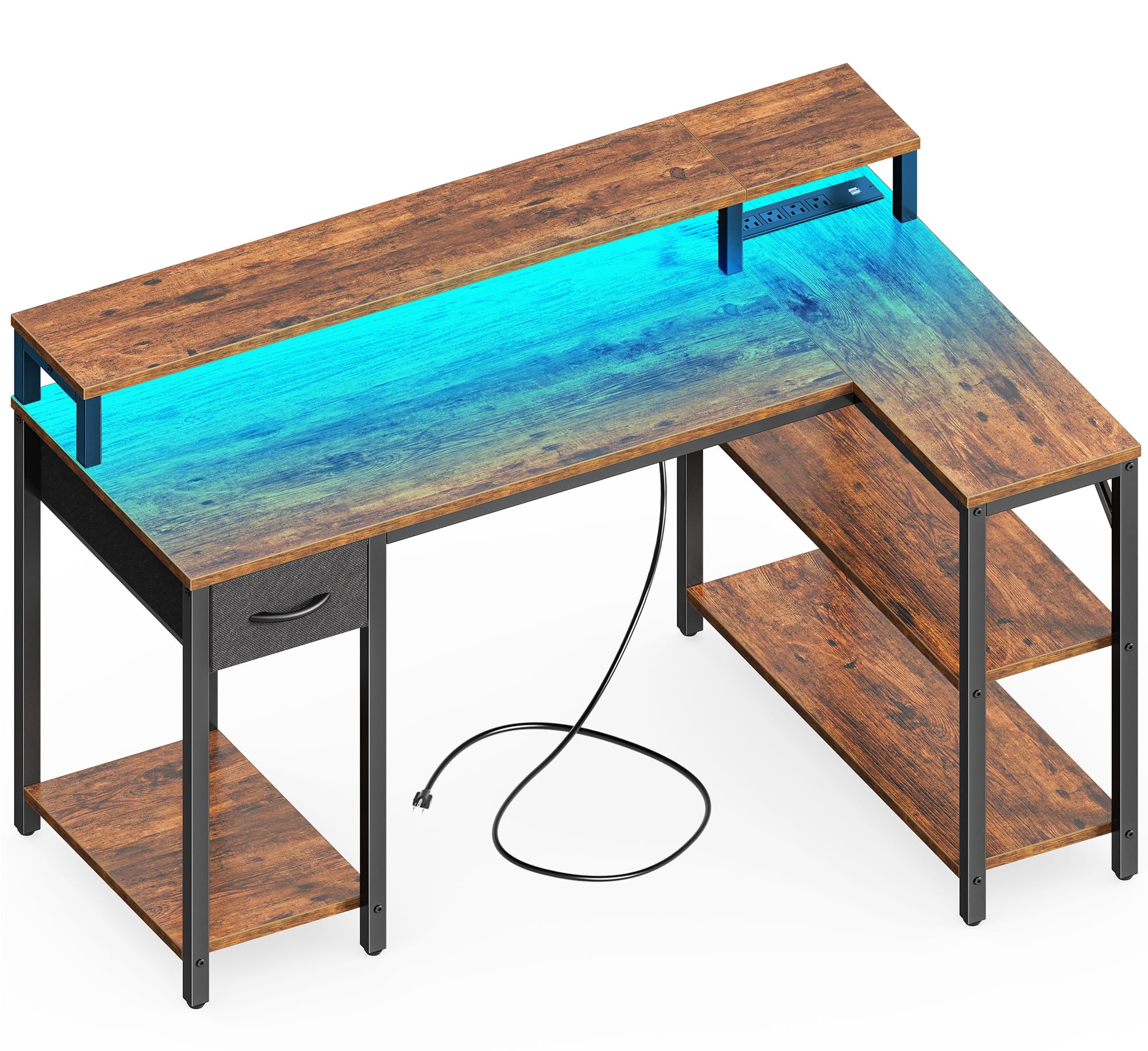 SUPERJARE 47-inch Reversible L-Shaped Computer Desk with LED Lights & Power Outlets - Home Office Gaming Desk with Shelves, Monitor Stand & Drawer - Rustic Brown Corner Workstation for Small Spaces & PC Gaming Setup