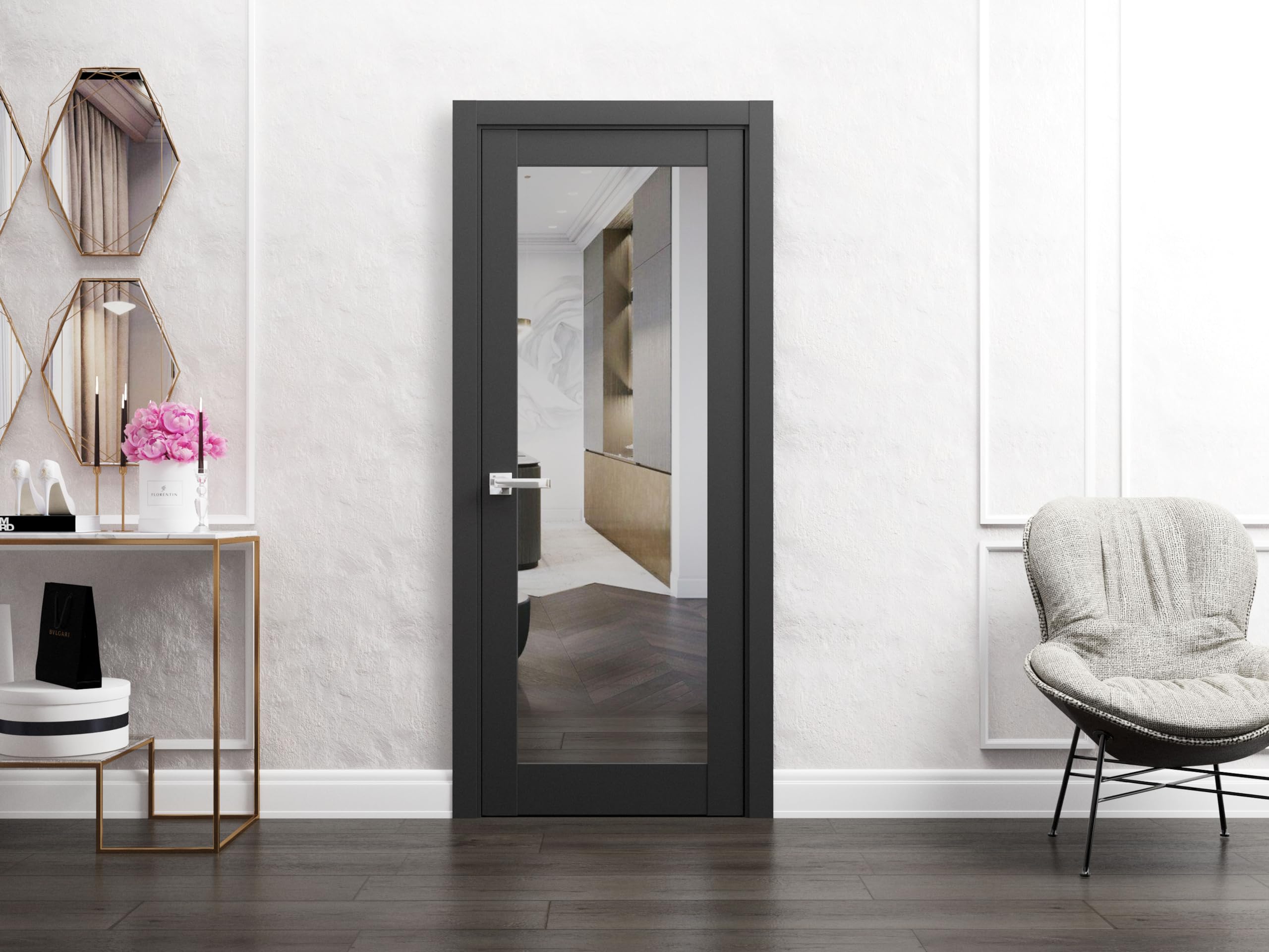 SARTODOORS - 36 x 80 Inch Matte Black Slab Barn Door with Mirror | Lucia 1299 Solid Wood Interior Sliding Door | Heavy Duty Closet & Room Divider | Perfect for Bedroom, Walk-in Closet & Home Office