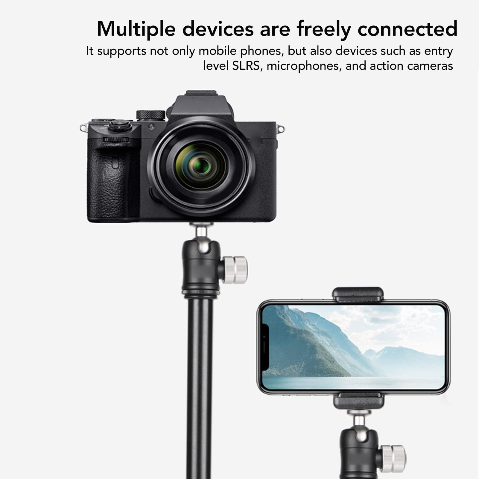 59in Cell Phone Tripod with 20mm Metal Ball Head - Foldable & Portable Camera Stand for iPhone, Android, DSLR - 360° Rotating for Selfies, Vlogging, YouTube Videos, Live Streaming & Photography