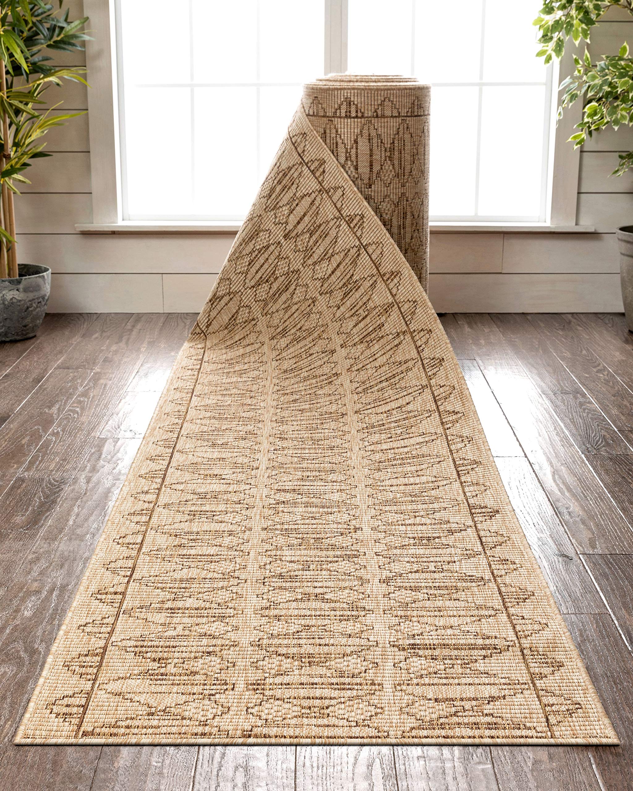 Well Woven Custom Size Indoor/Outdoor Runner Rug - Sturl Beige Flatweave Pile Nordic Diamond Design - 31