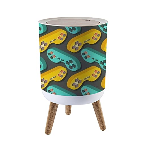 QOR88NJOG 7L/1.8 Gallon Wooden Trash Can with Lid - Joystick Game Controller Design, Seamless Press Cover Waste Bin for Kitchen, Bathroom, Bedroom - Perfect for Gamers & Home Decor