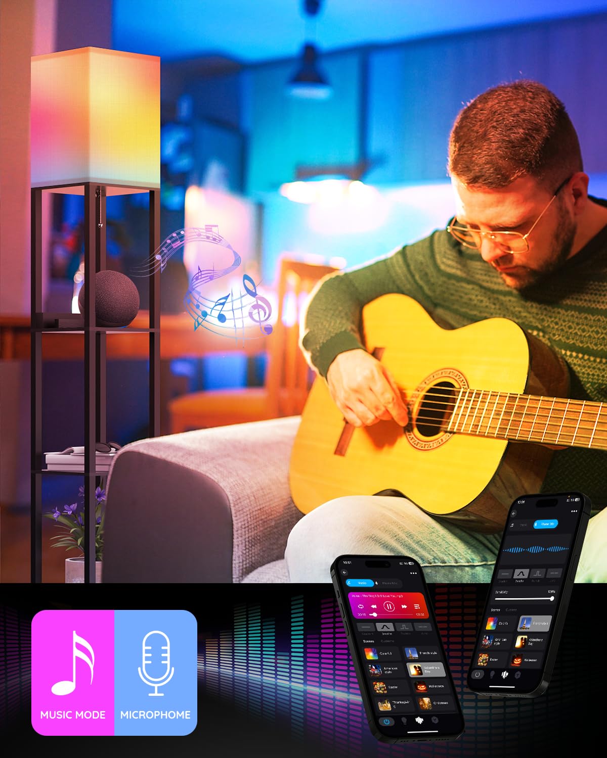 PAZZO Smart RGB Floor Lamp with Shelves - Alexa Compatible, Solid Wood Design, 2 USB Charging Ports & 1 Power Outlet - Modern Standing Lamp for Living Room, Bedroom, Office (Bulb Included, Matt Black) - Perfect for Reading, Gaming & Home Decor