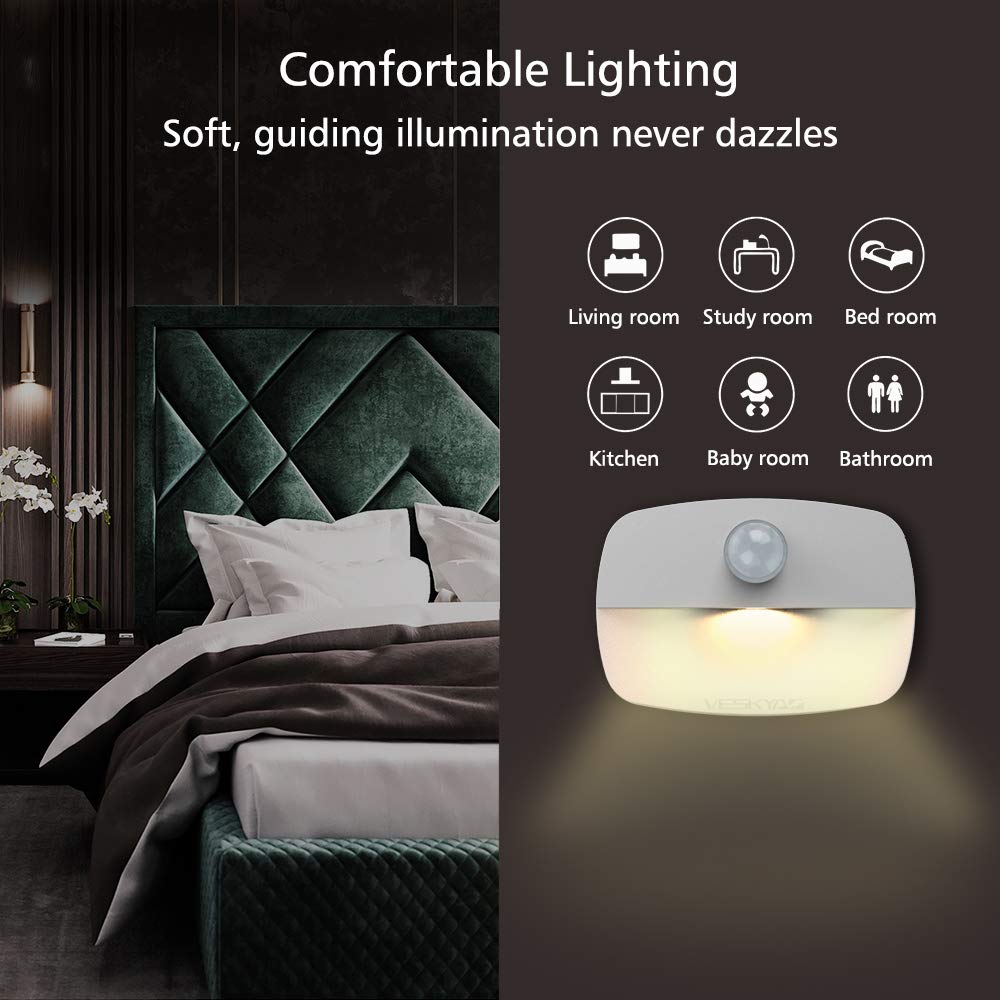 VESKYAO 3 Pack Motion Activated Night Lights - Battery Powered LED Stair Lights with Adhesive Pads, Warm White Sensor Light for Closet, Cabinet, Hallway, Bathroom & Bedroom - Perfect for Nighttime Safety & Convenience