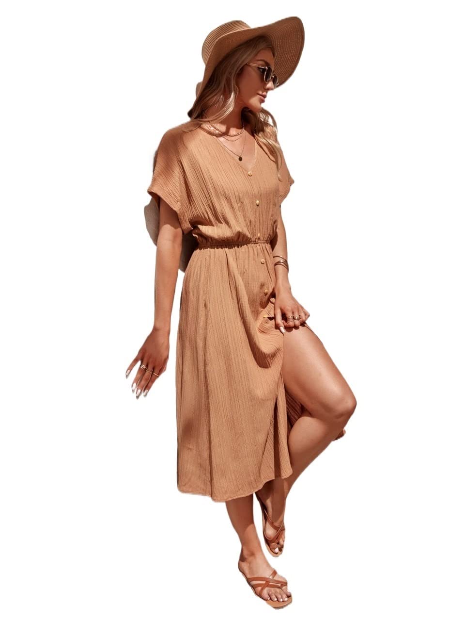 2022 Women's Summer Batwing Sleeve Dress with Fake Buttons & Thigh Split - Flowy Casual Sundress for Beach, Vacation & Outdoor Parties
